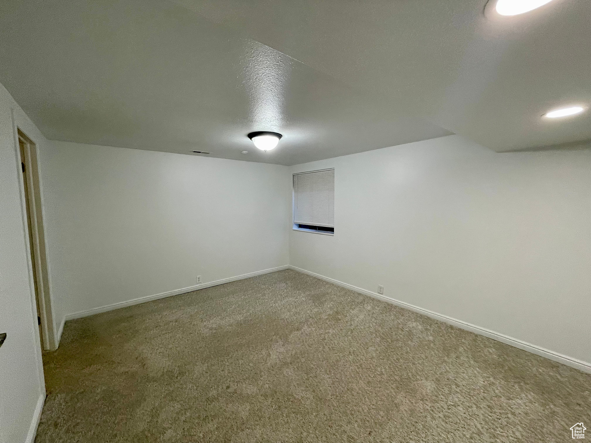 Basement featuring carpet and a textured ceiling