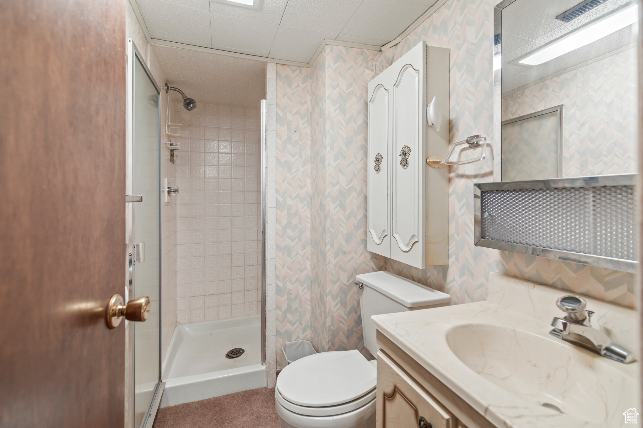 Bathroom with vanity, toilet, and tiled shower