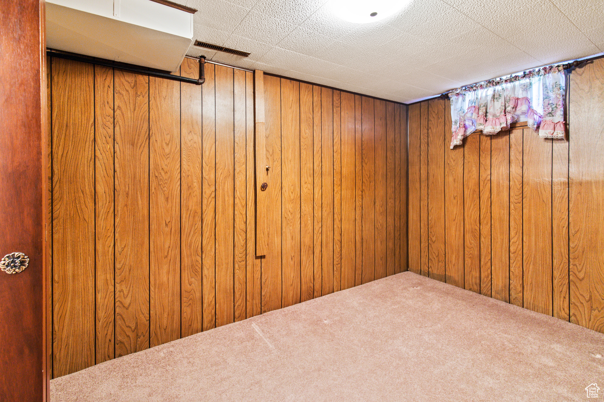 Carpeted spare room featuring wood walls