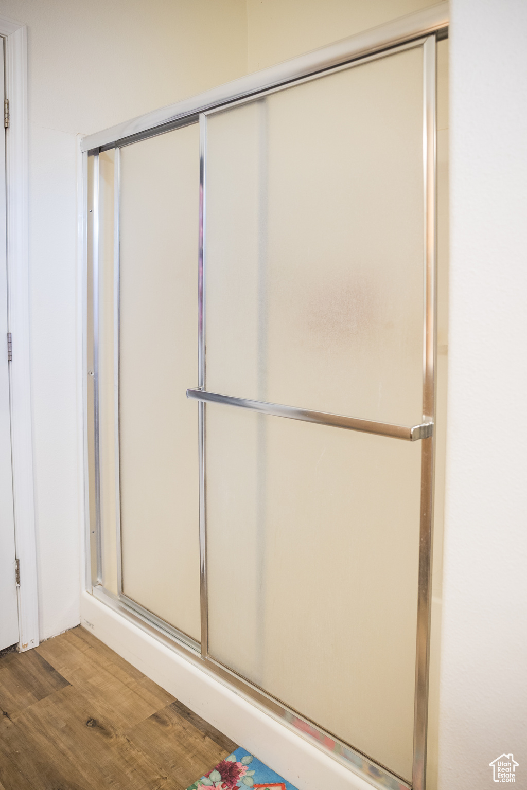 Bathroom featuring hardwood / wood-style floors and a shower with door