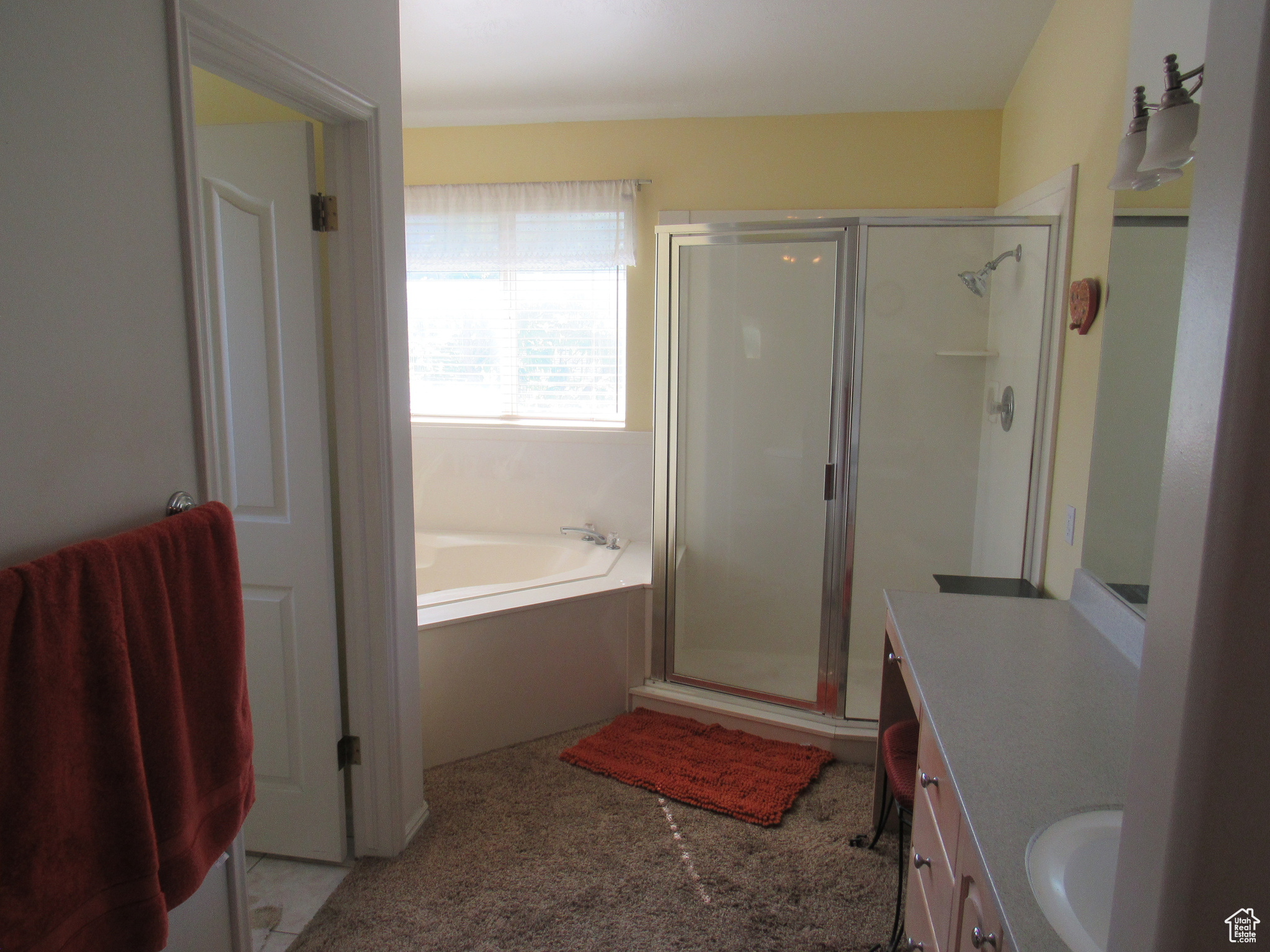 Bathroom featuring vanity and separate shower and tub