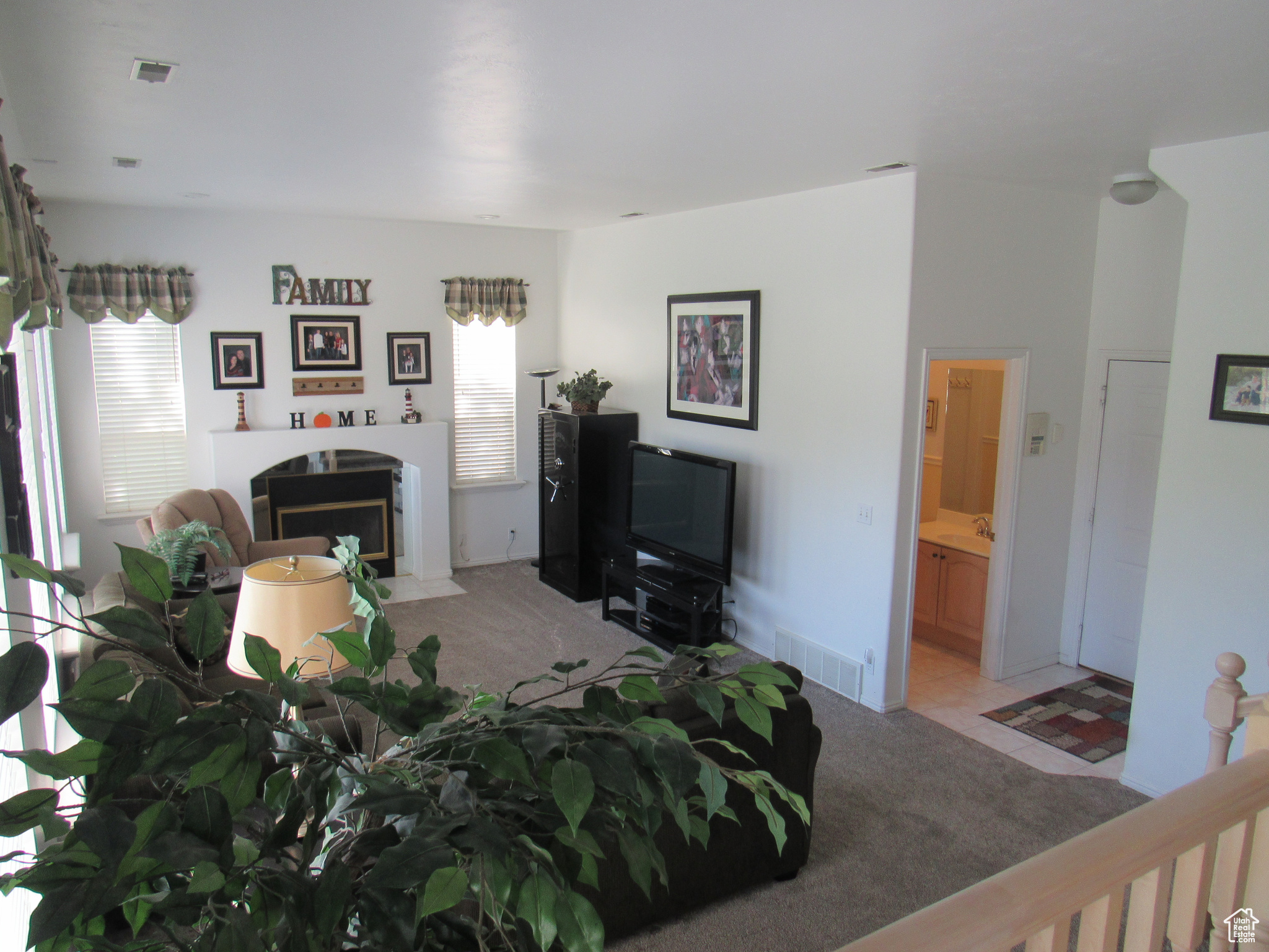 Living room featuring light carpet