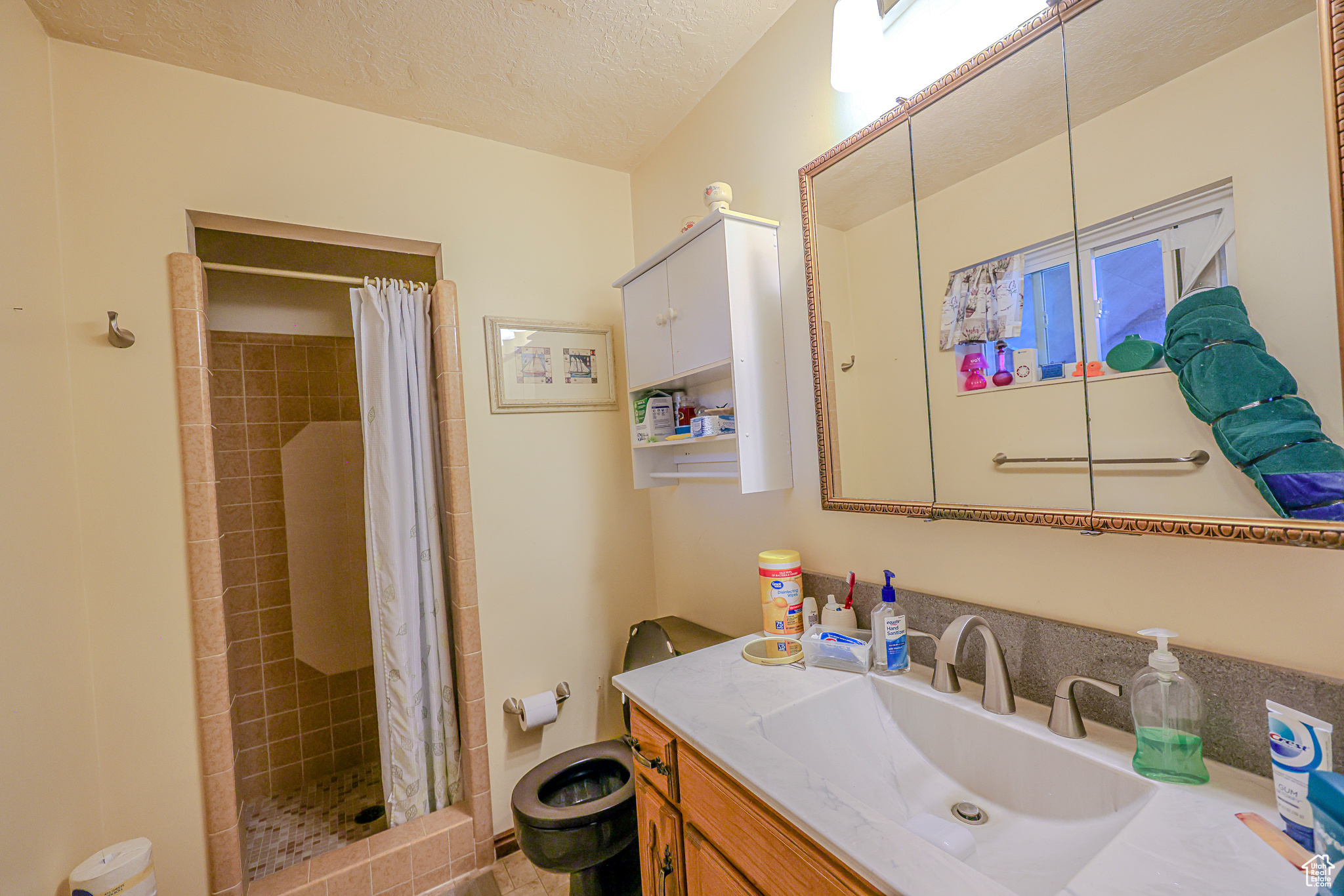 Bathroom with a textured ceiling, vanity, and walk in shower