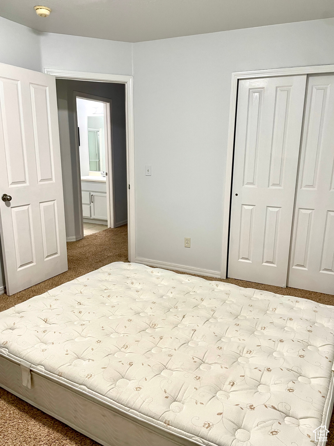 Unfurnished bedroom featuring light colored carpet and a closet