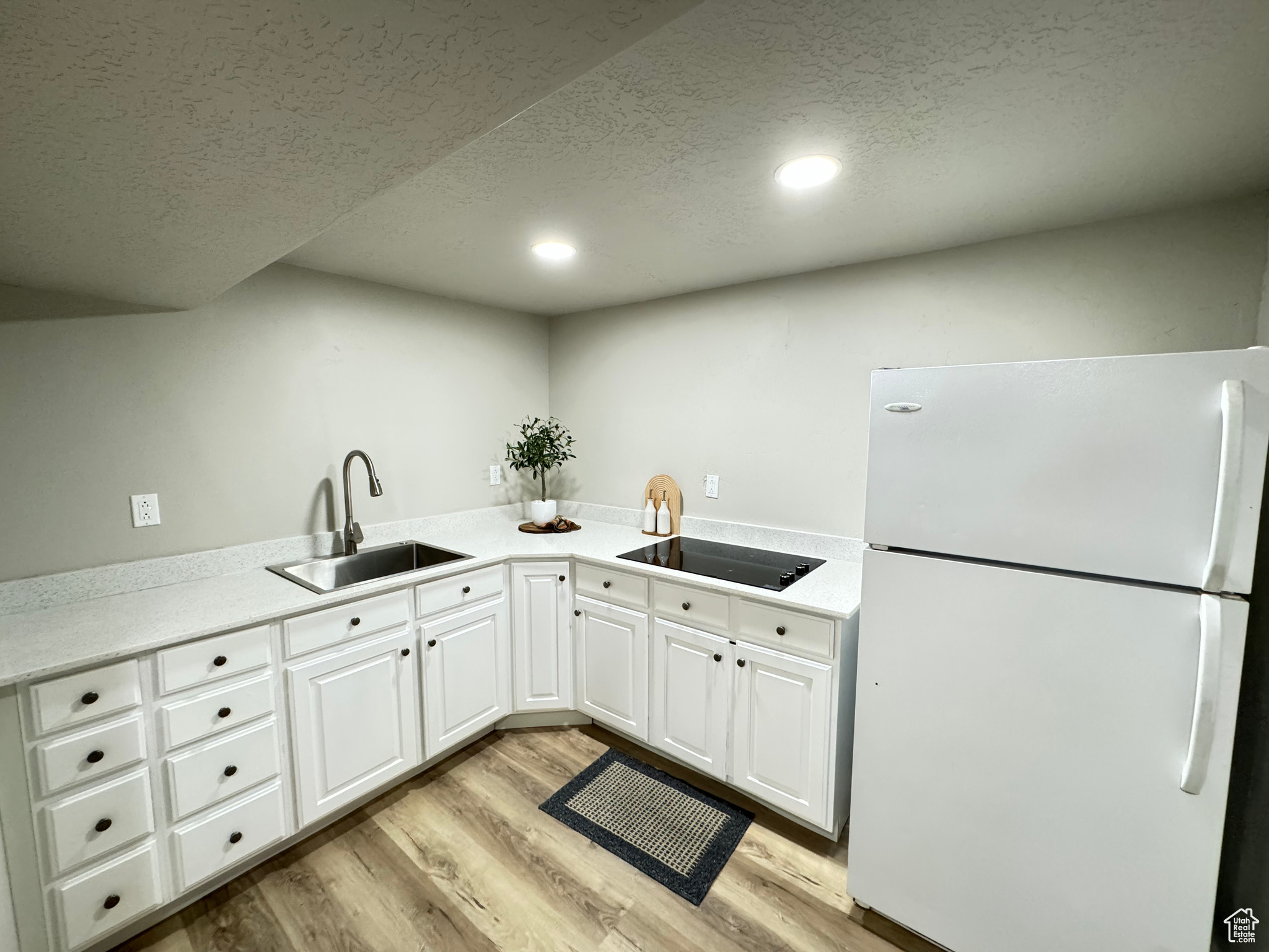 Kitchen featuring light hardwood / wood-style floors, sink, white cabinetry, black electric stovetop, and white refrigerator