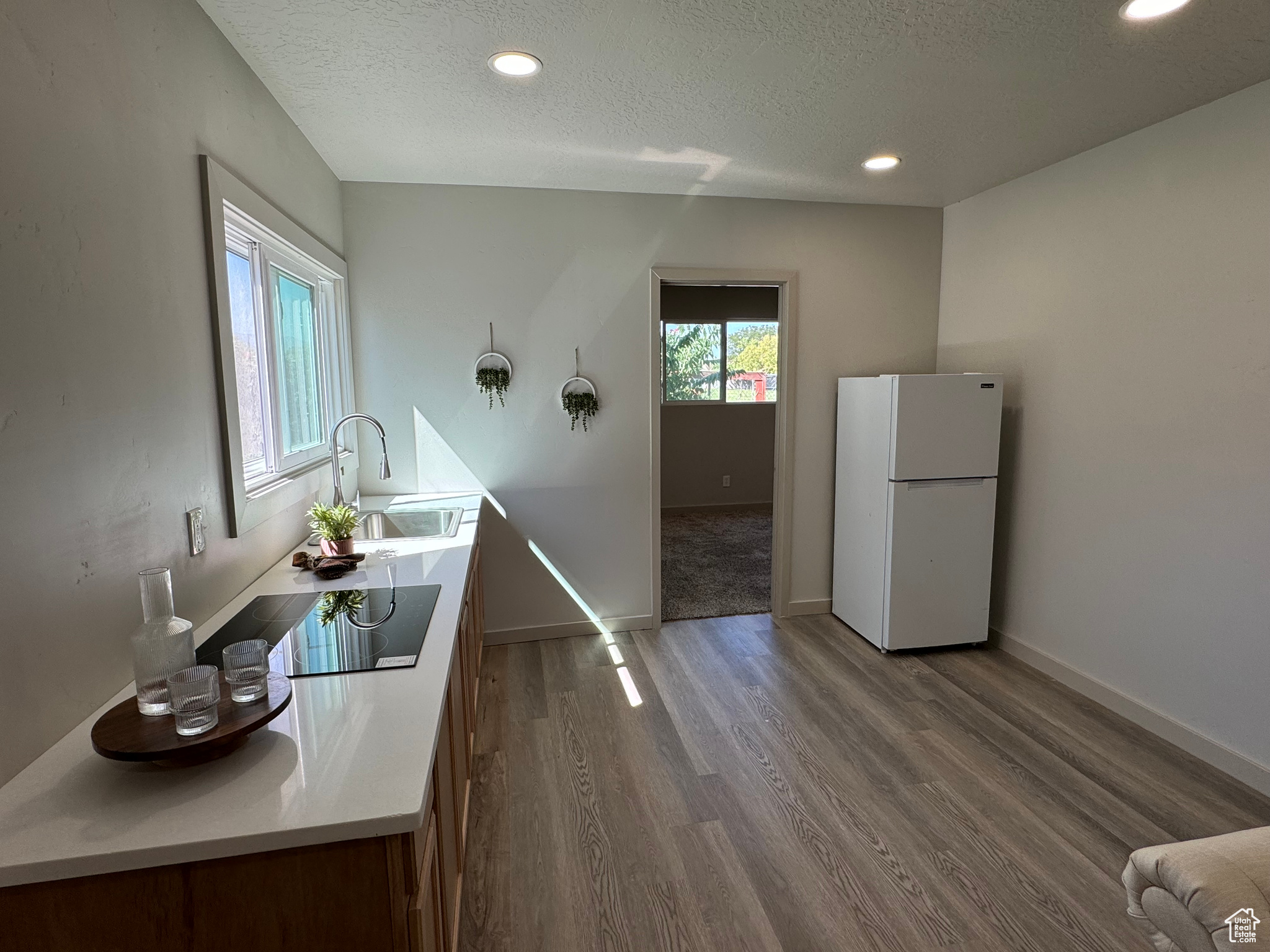 Interior space featuring hardwood / wood-style flooring, sink, white fridge, black stovetop, and a textured ceiling