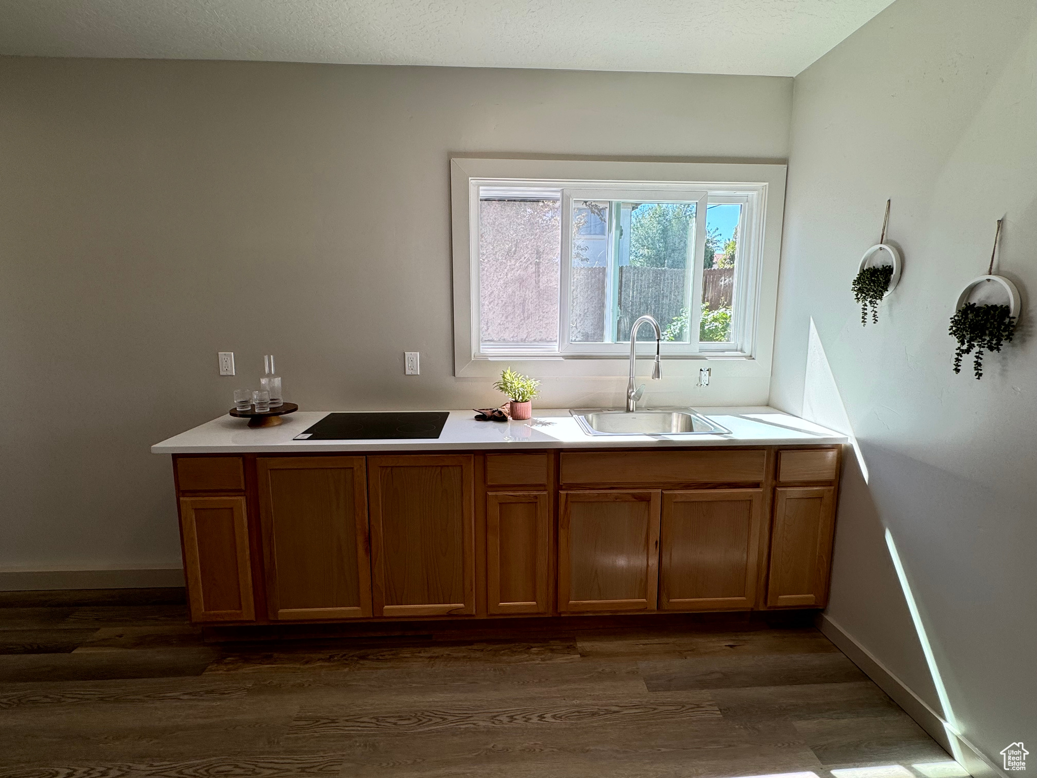 Kitchen featuring a textured ceiling, black electric stovetop, sink, and dark hardwood / wood-style flooring