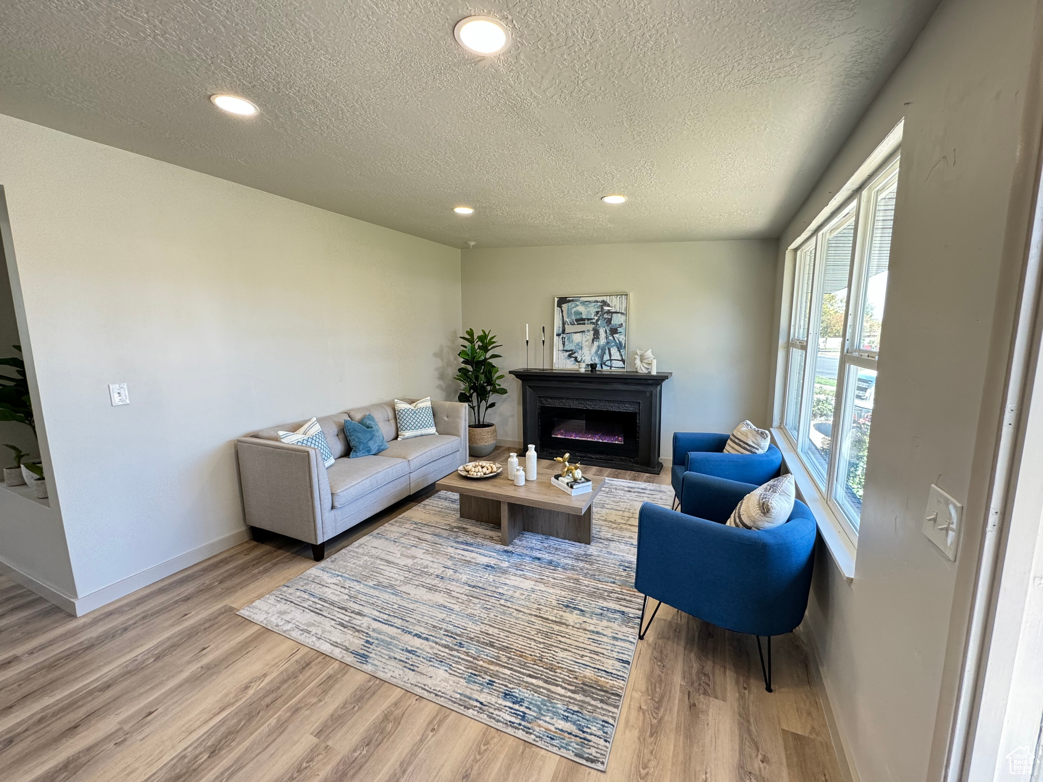 Living room featuring a textured ceiling and light hardwood / wood-style flooring