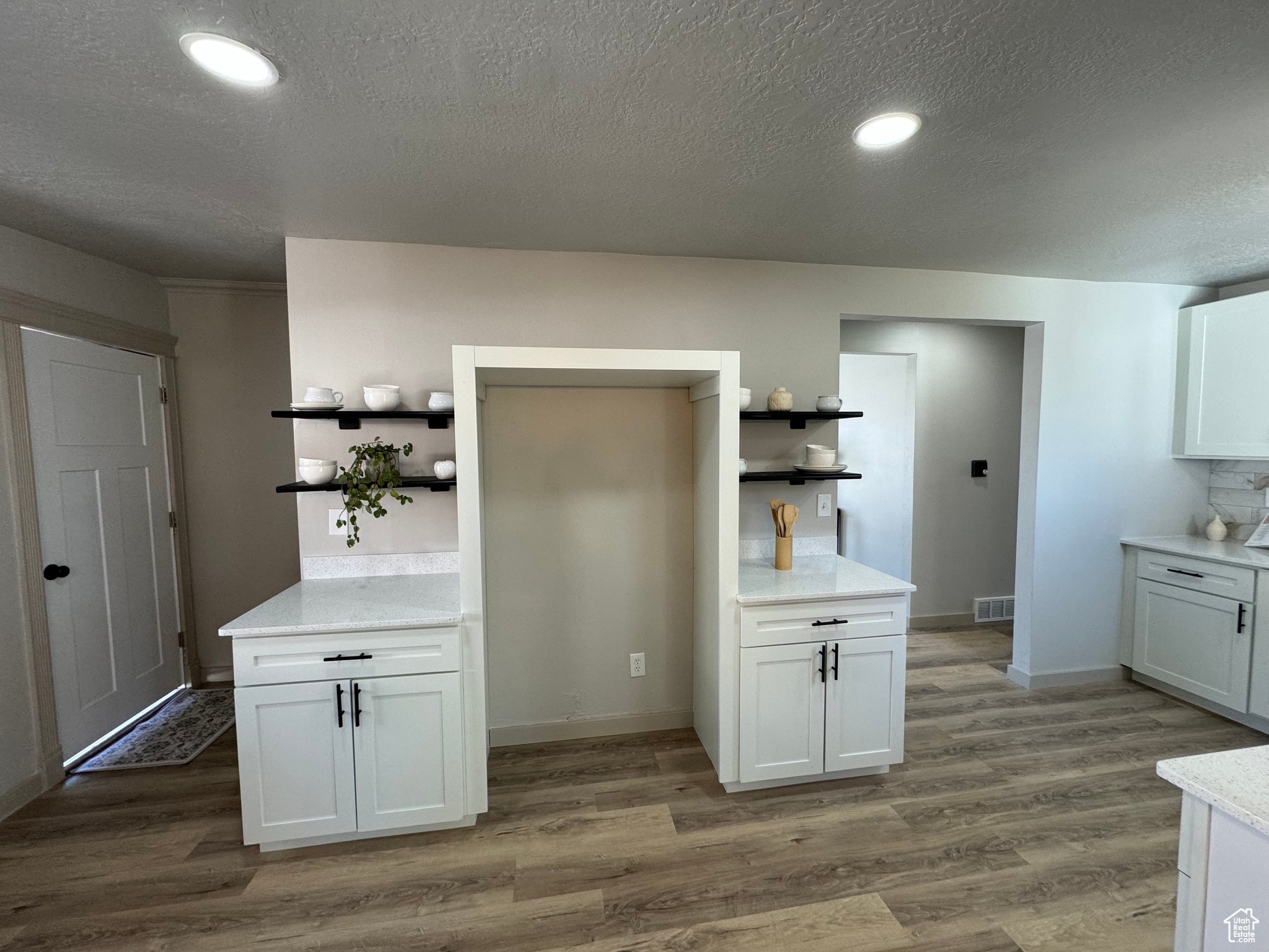 Kitchen with white cabinetry and hardwood / wood-style flooring