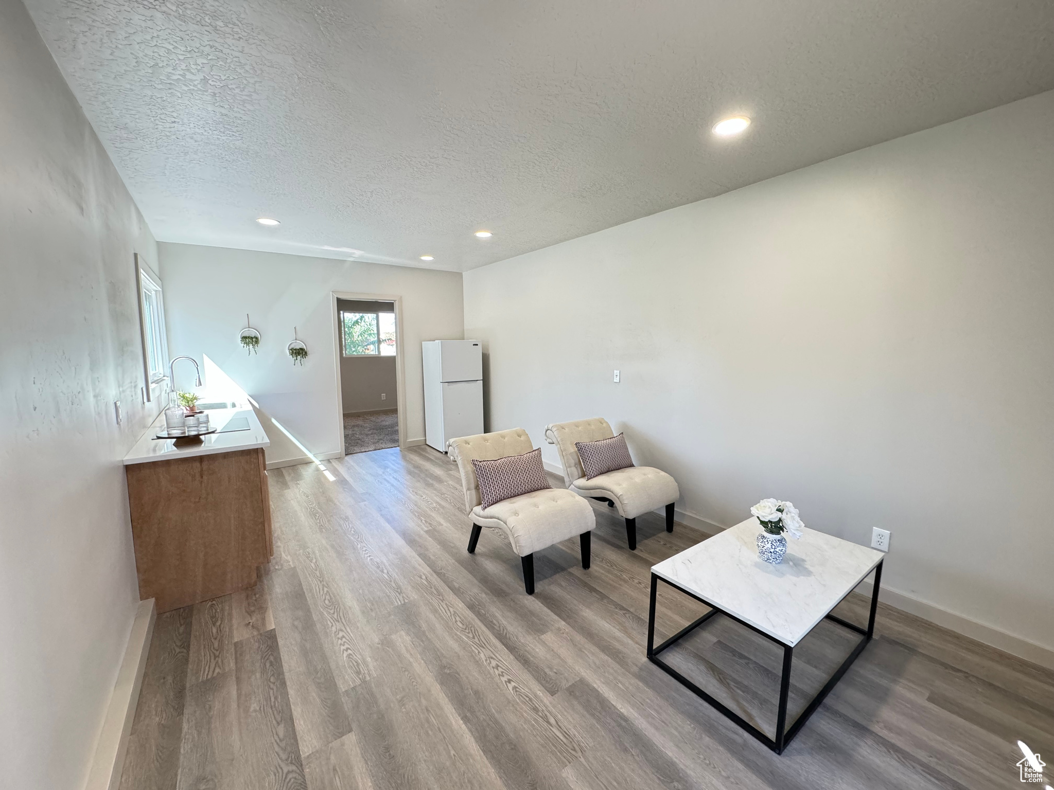 Living room with sink, a textured ceiling, and light hardwood / wood-style flooring