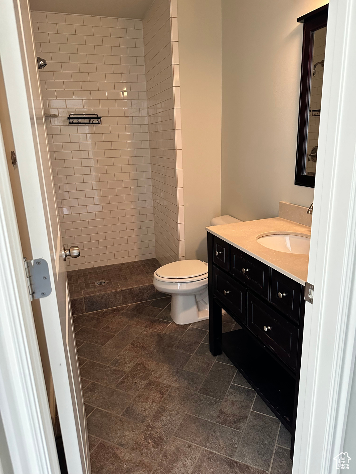 Bathroom featuring toilet, a tile shower, and vanity