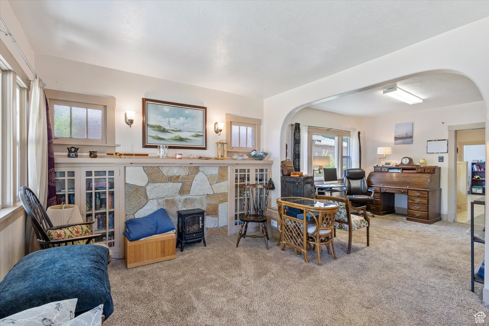 Living room featuring a wood stove, a healthy amount of sunlight, and light colored carpet