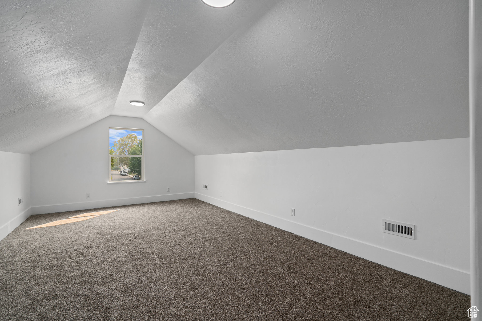 Additional living space featuring carpet, vaulted ceiling, and a textured ceiling