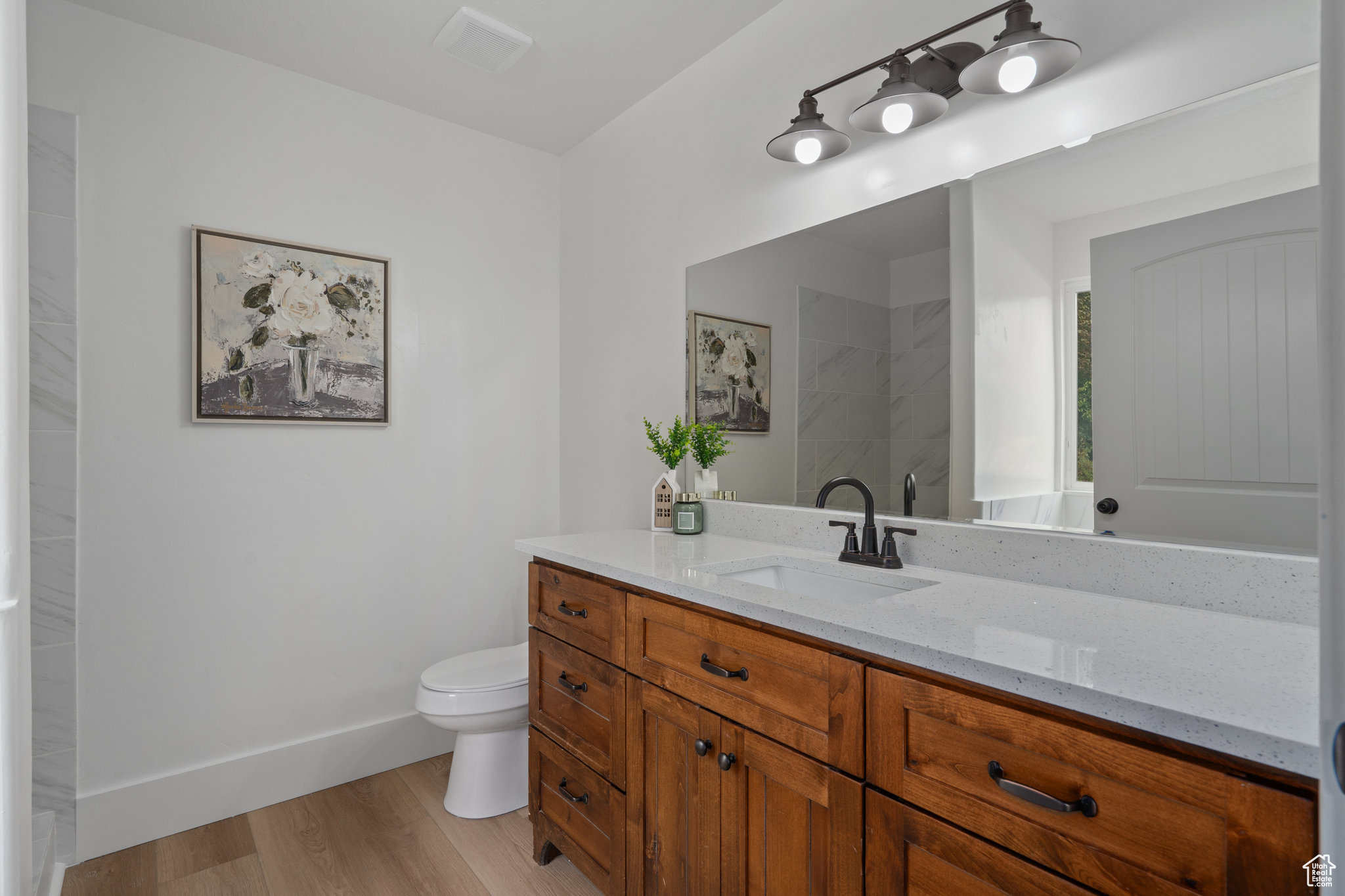 Bathroom featuring wood-type flooring, vanity, and toilet