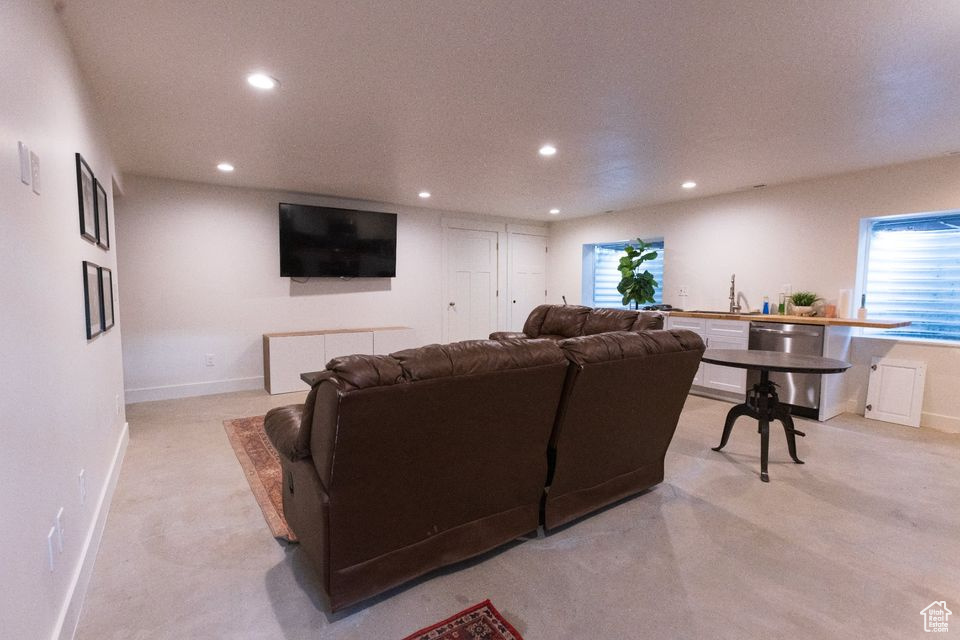 Carpeted living room featuring plenty of natural light