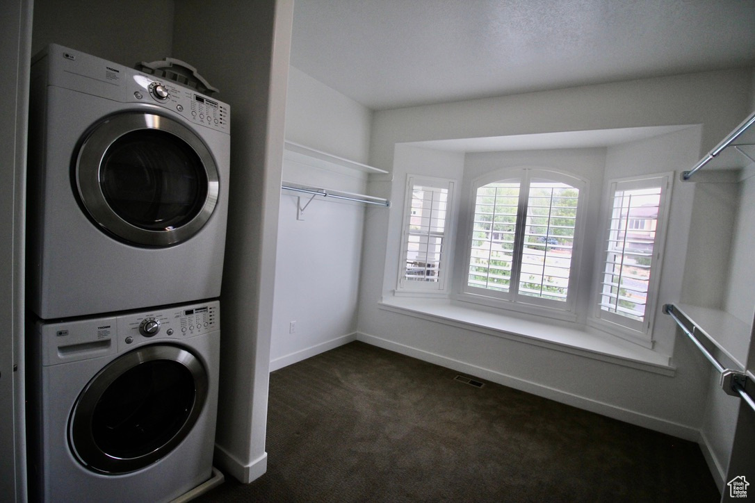 Huge walk-in closet included with Main bedroom featuring stacked washer and clothes dryer, carpet and bay windows.