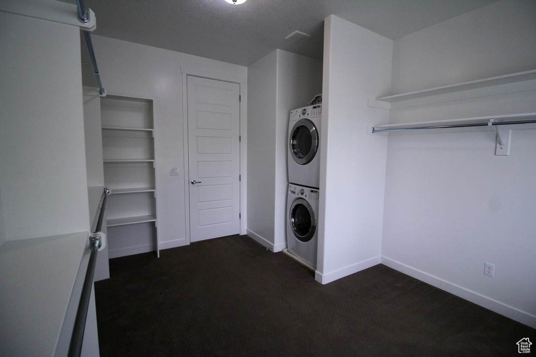 Huge walk-in closet included with Main bedroom featuring stacked washer and clothes dryer, carpet and bay windows.