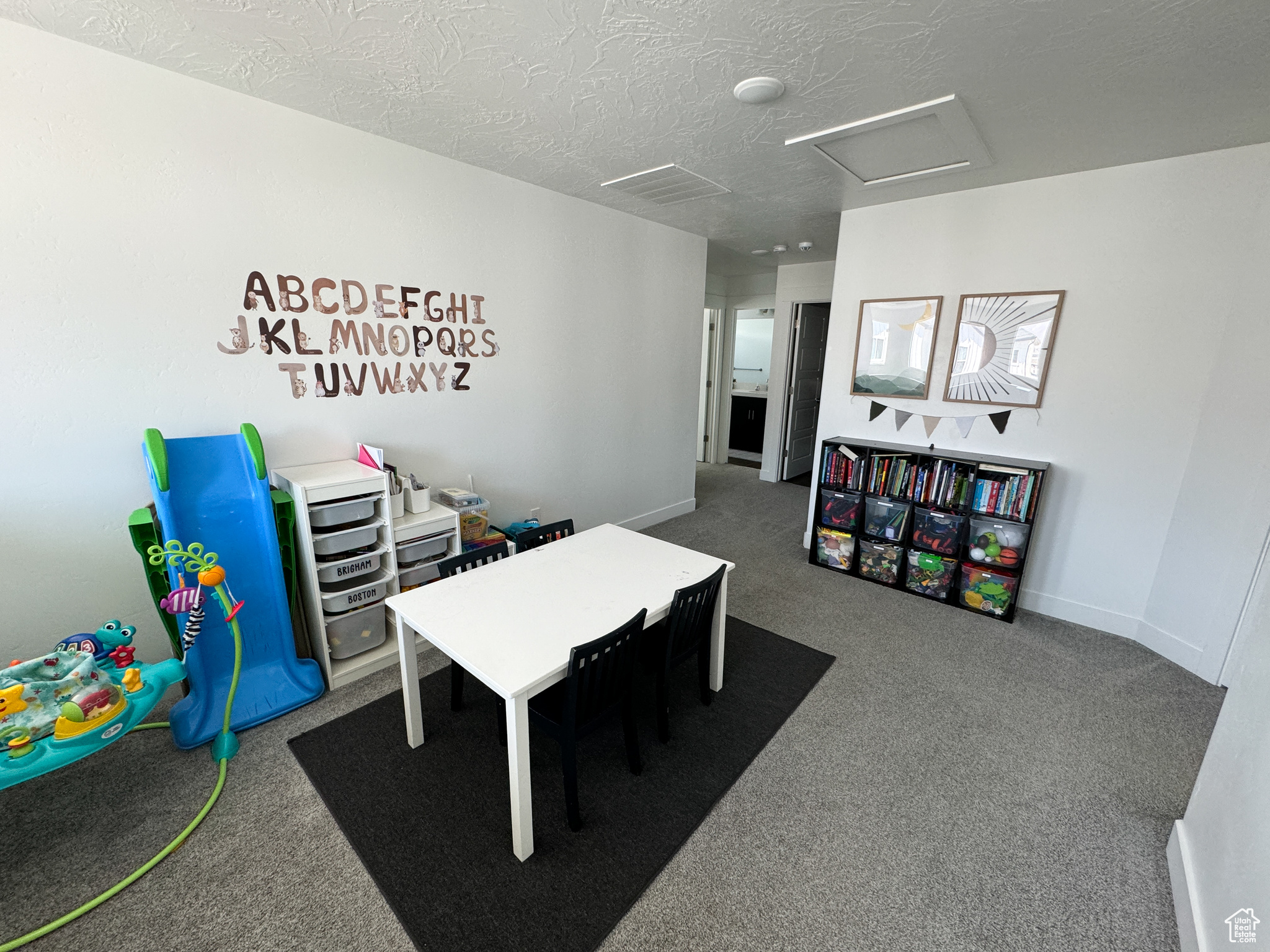 Playroom with a textured ceiling and carpet flooring