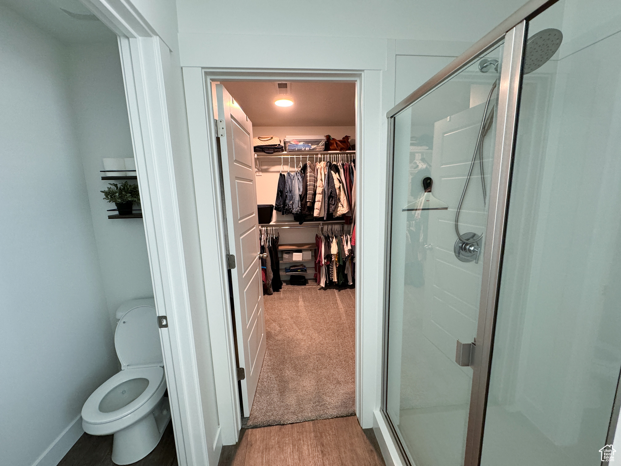 Bathroom featuring wood-type flooring, toilet, and an enclosed shower