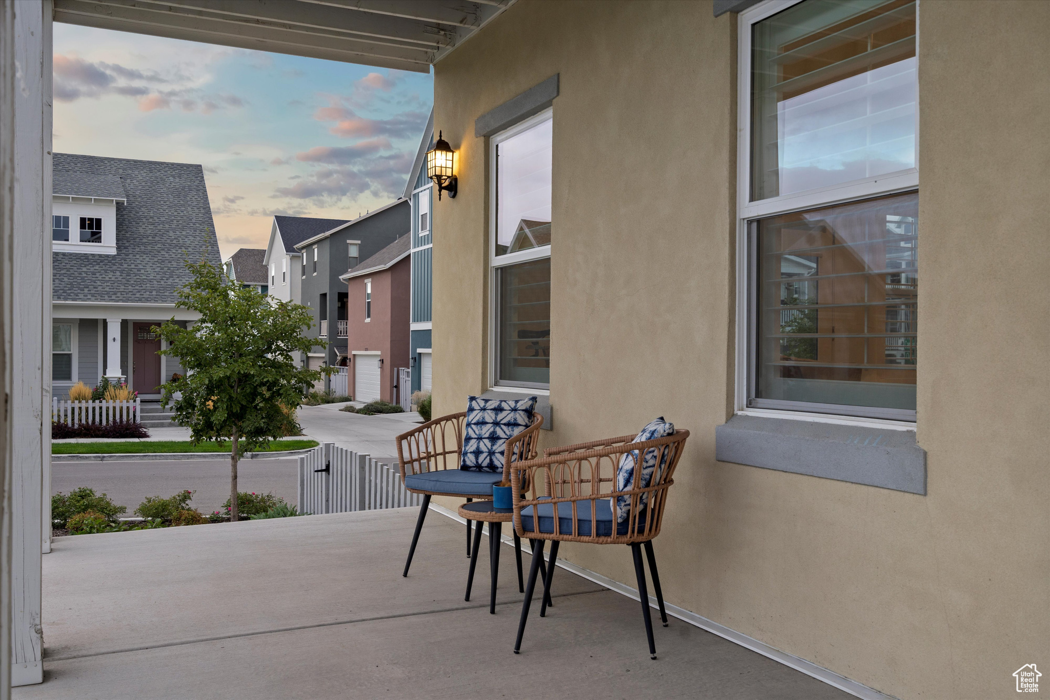 View of patio terrace at dusk