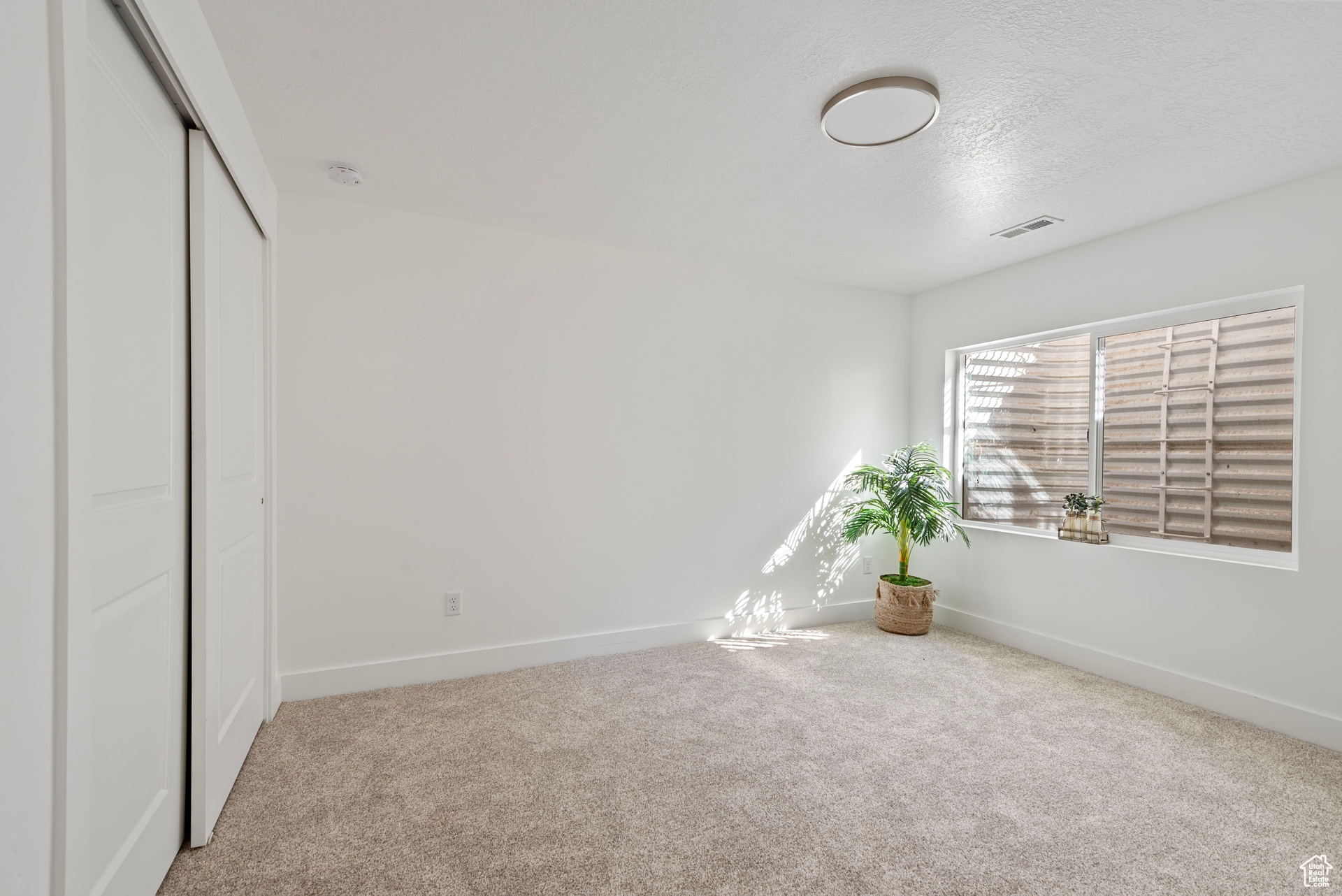 Unfurnished bedroom with a textured ceiling, carpet flooring, and a closet