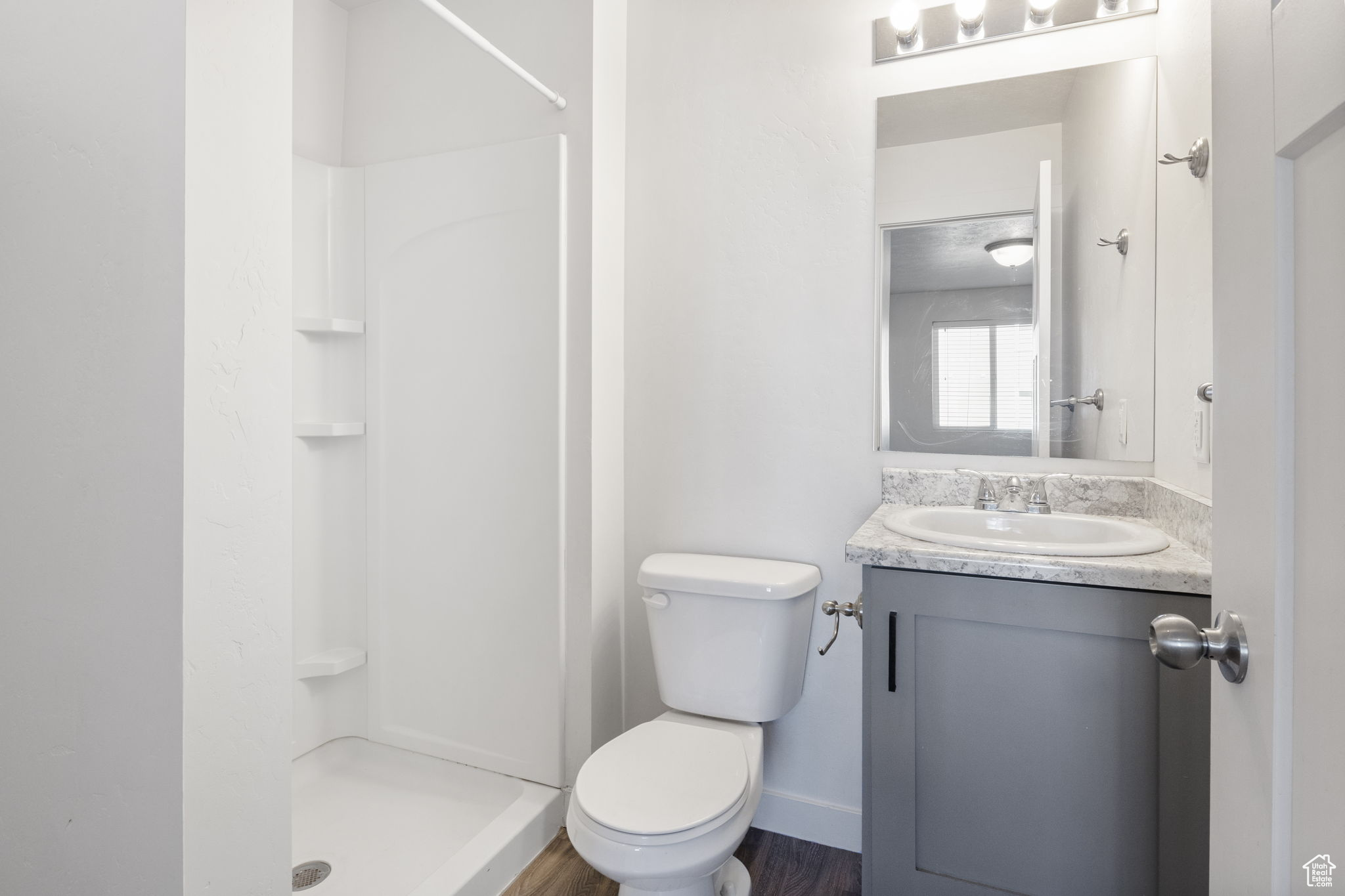 Bathroom featuring walk in shower, vanity, hardwood / wood-style floors, and toilet