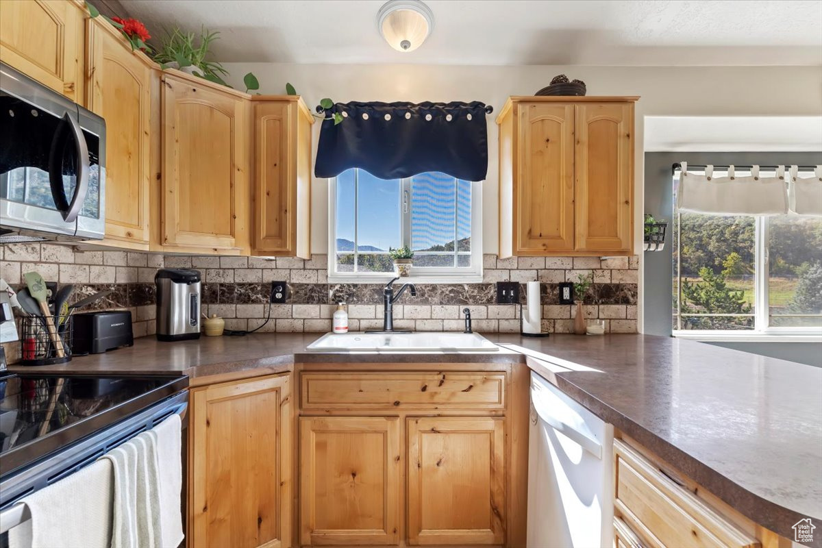 Kitchen with appliances with stainless steel finishes, backsplash, sink, and a healthy amount of sunlight