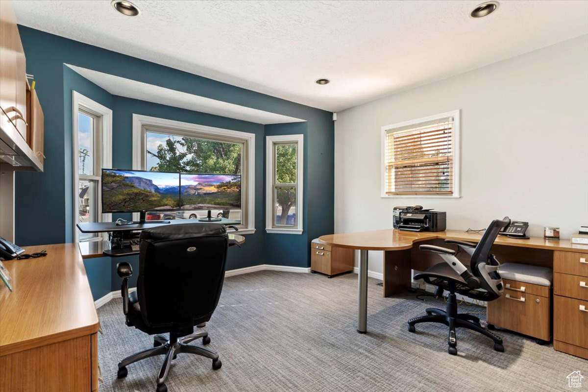 Carpeted office space featuring a textured ceiling