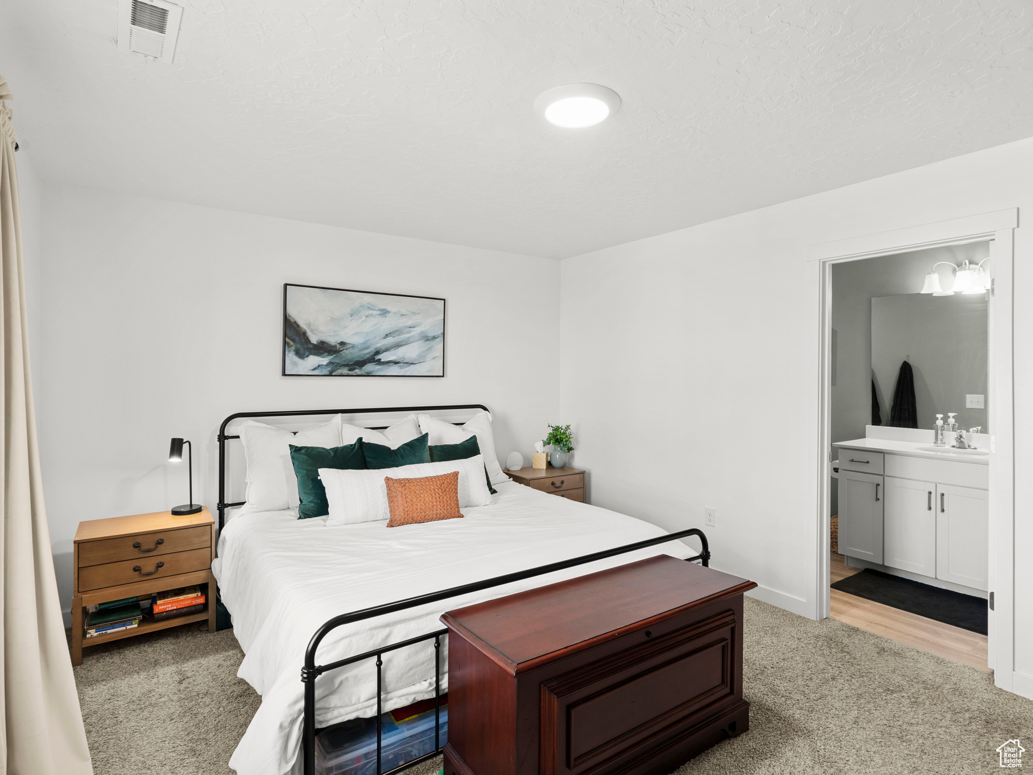 Carpeted bedroom with ensuite bathroom and sink