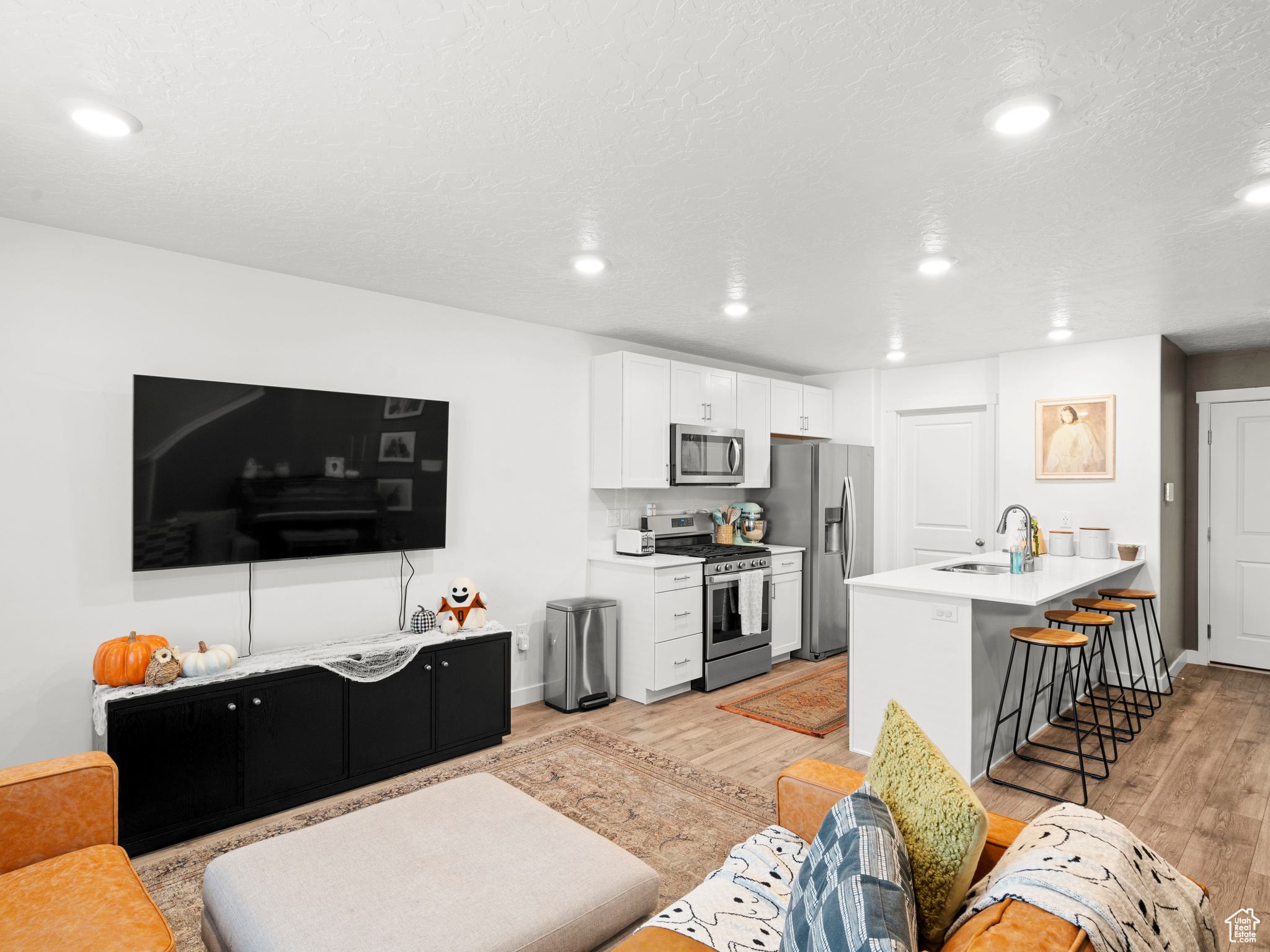 Living room with light hardwood / wood-style flooring and sink