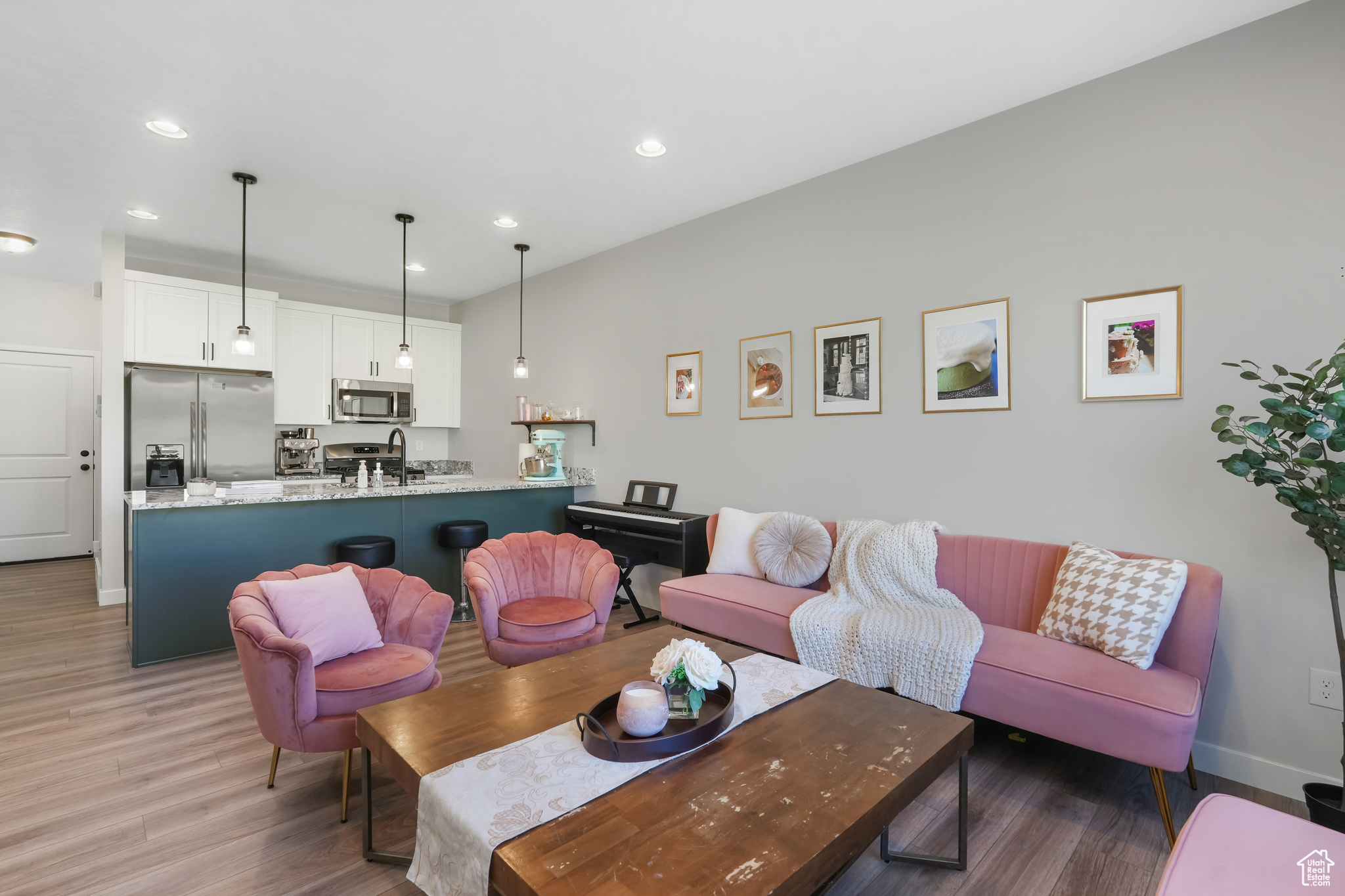 Living room with wood-type flooring