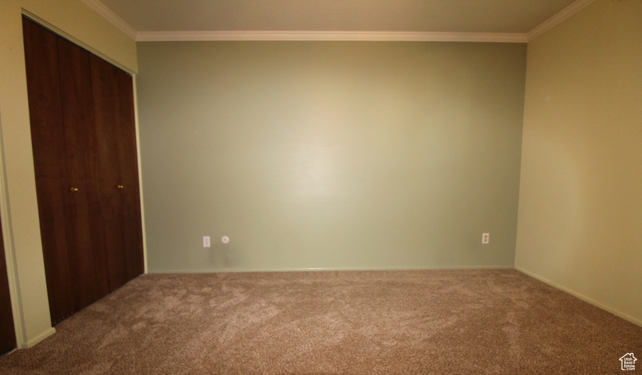 Primary bedroom featuring ornamental molding, and ceiling fan