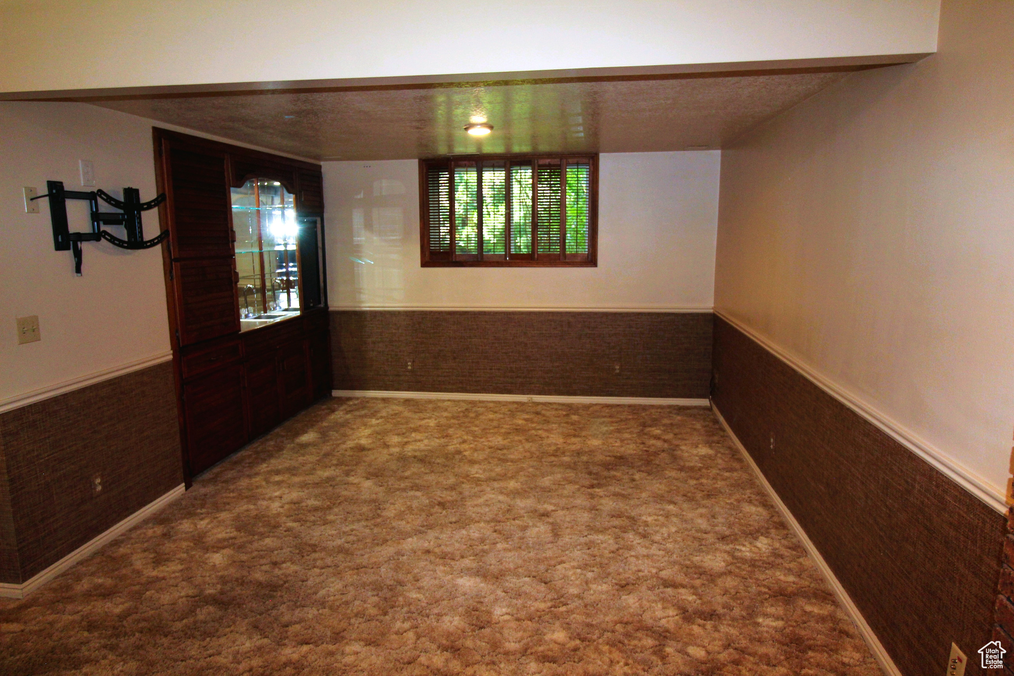 Family room with carpet and a fireplace