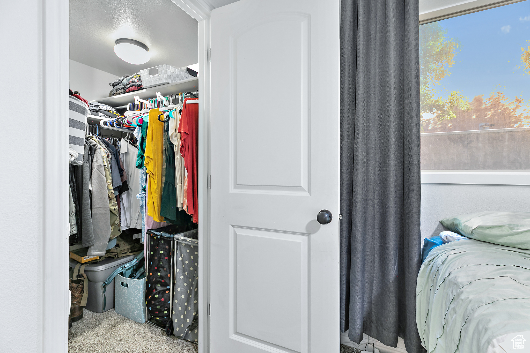 Spacious walk-in closet with light carpet