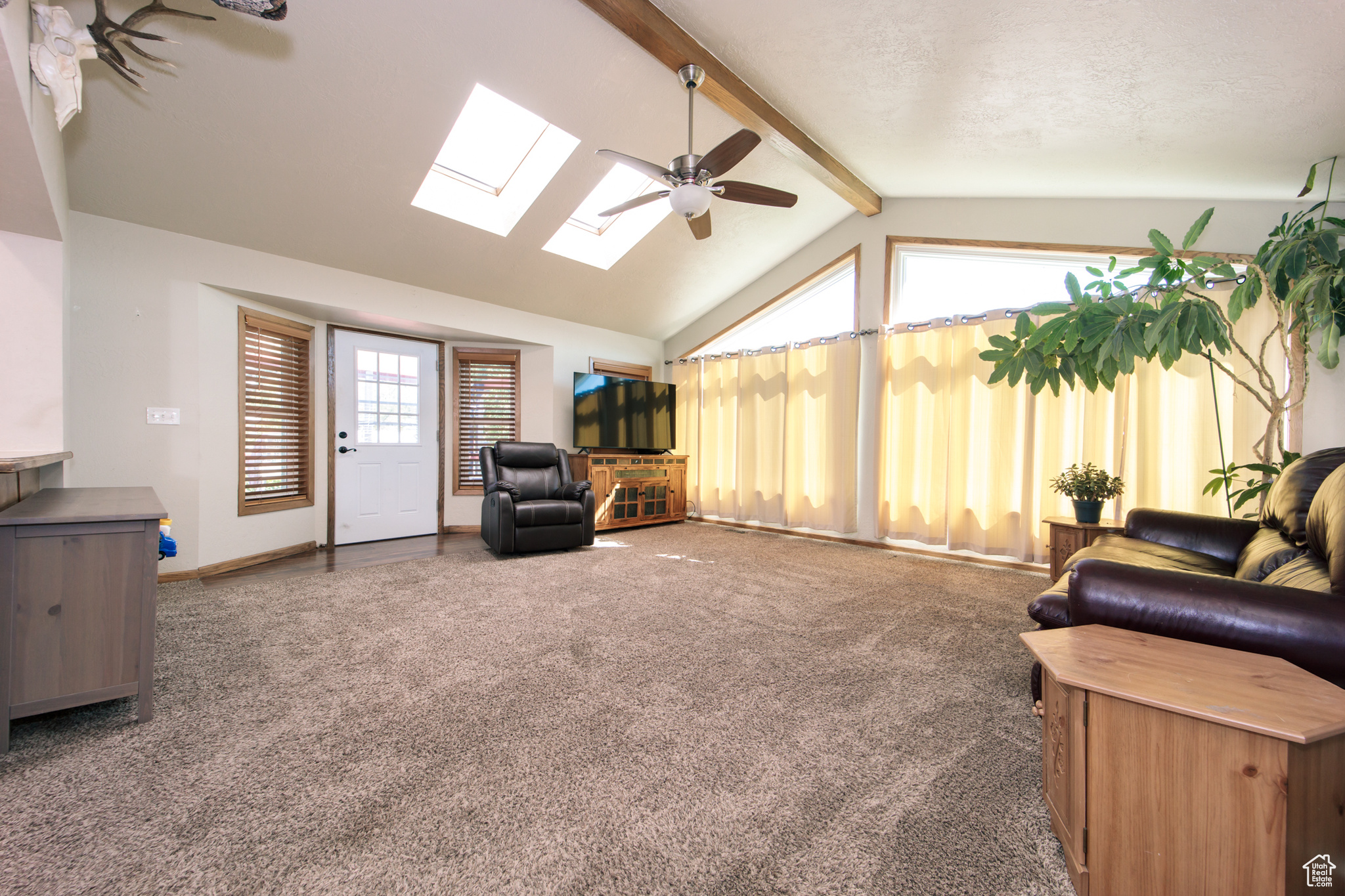 Living area featuring ceiling fan, lofted ceiling with skylight, carpet, and a wealth of natural light