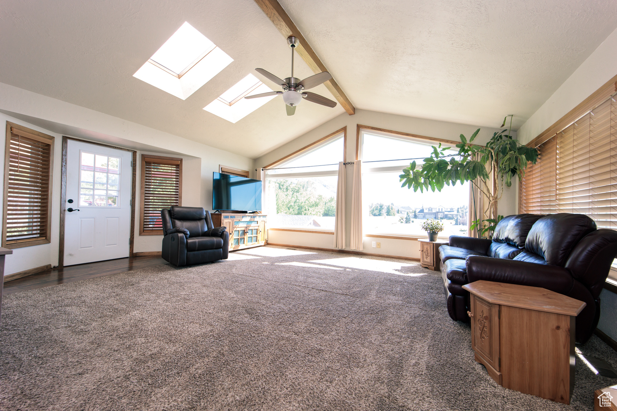 Living room featuring ceiling fan, lofted ceiling with skylight, and carpet