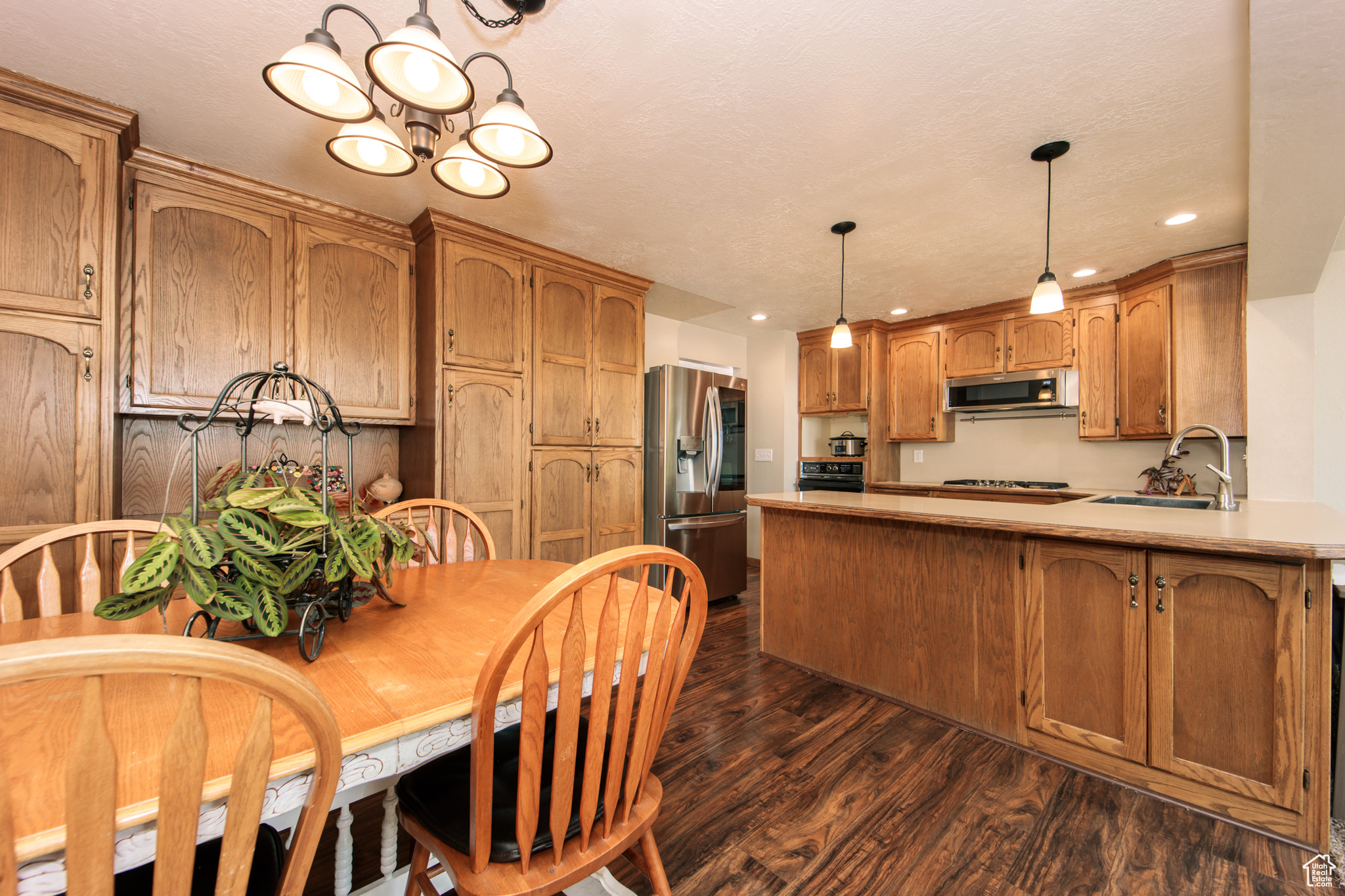 Kitchen featuring dark hardwood / wood-style floors, sink, a notable chandelier, hanging light fixtures, and appliances with stainless steel finishes