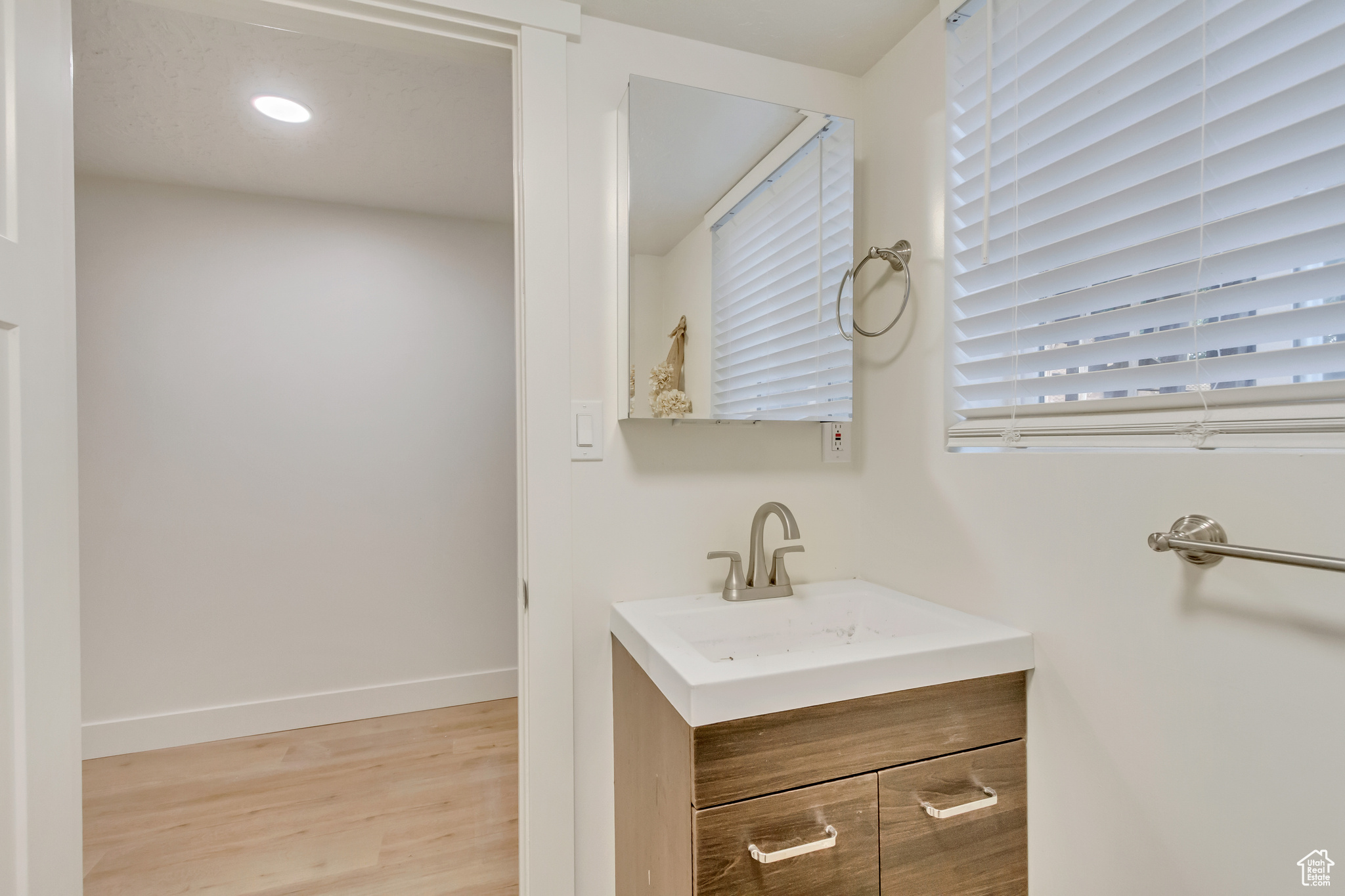 Bathroom featuring vanity and hardwood / wood-style flooring