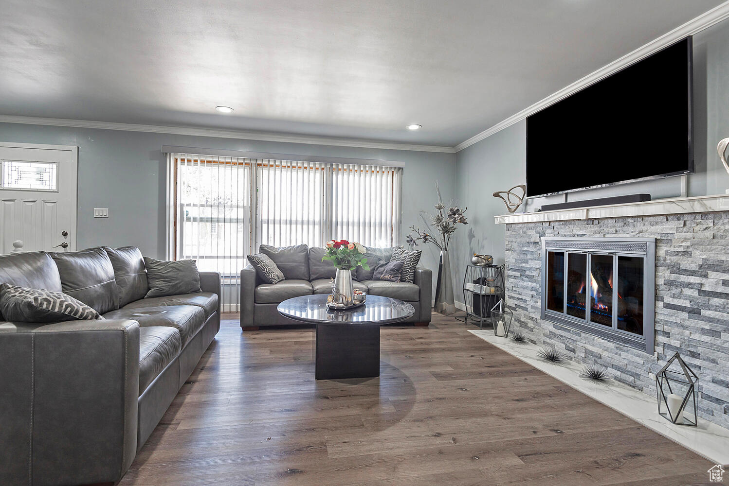 Living room featuring a stone fireplace, ornamental molding, and dark hardwood / wood-style flooring