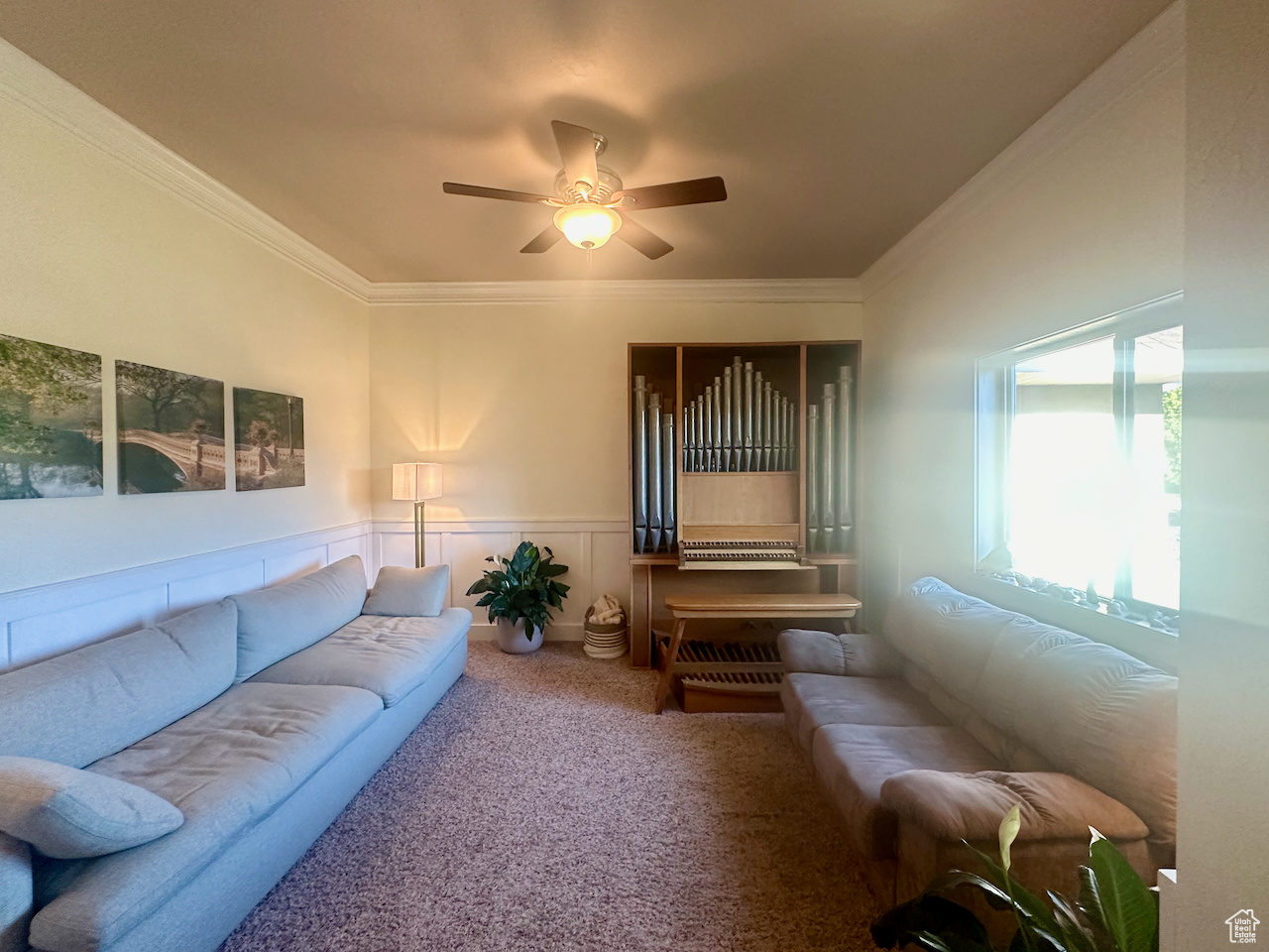 Living room with carpet flooring, ornamental molding, and ceiling fan