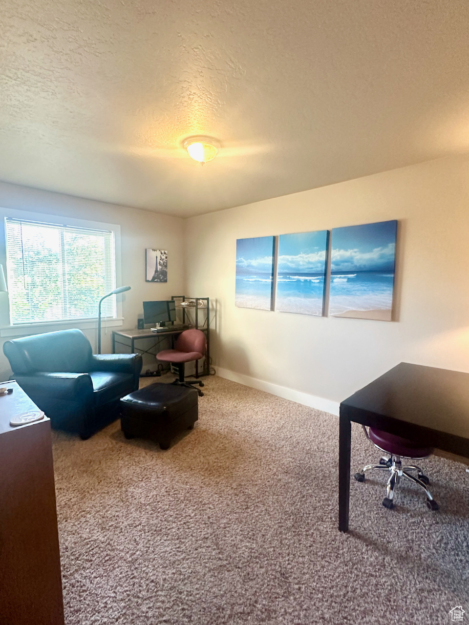 Living room with a textured ceiling and carpet