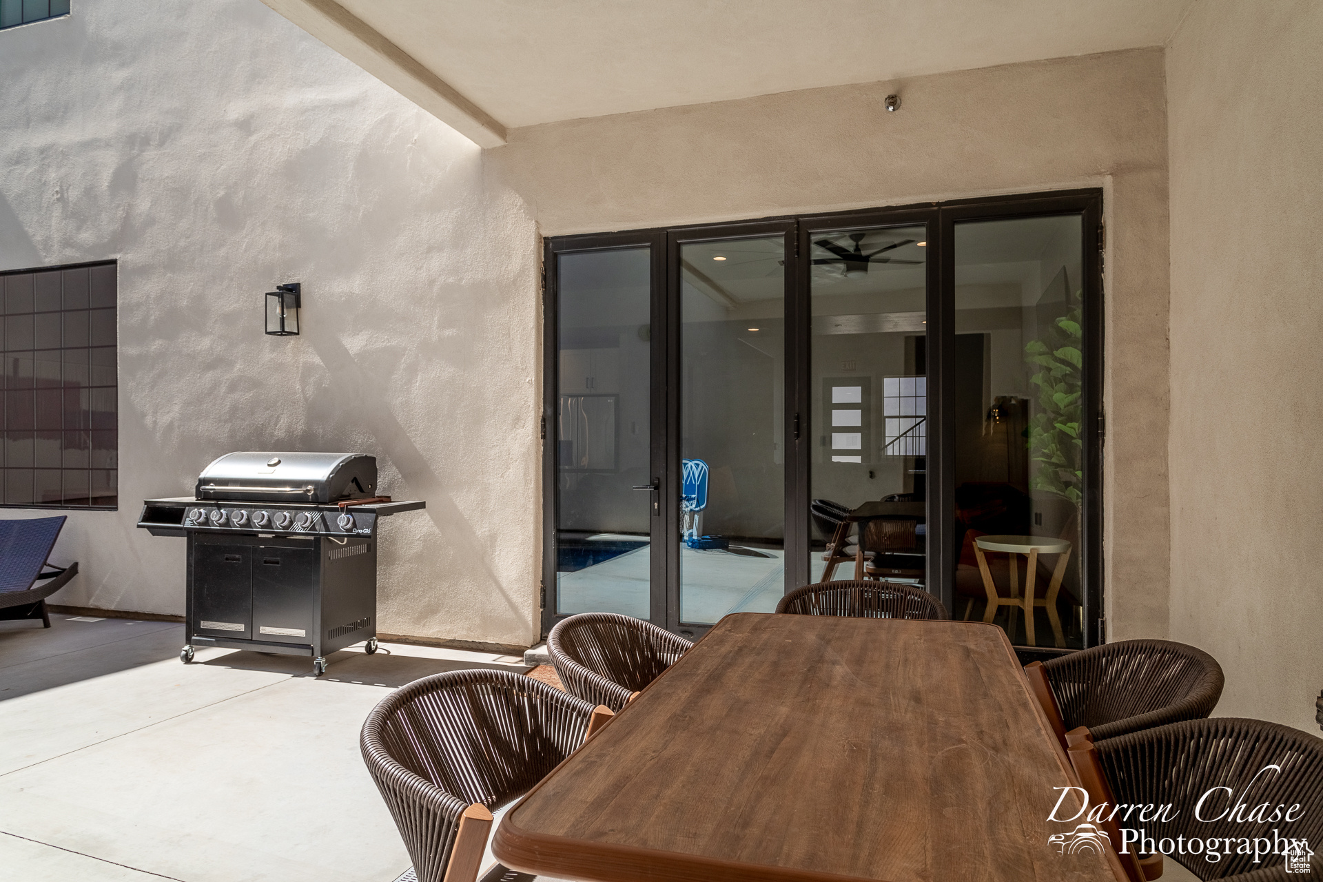 Dining space featuring ceiling fan and french doors