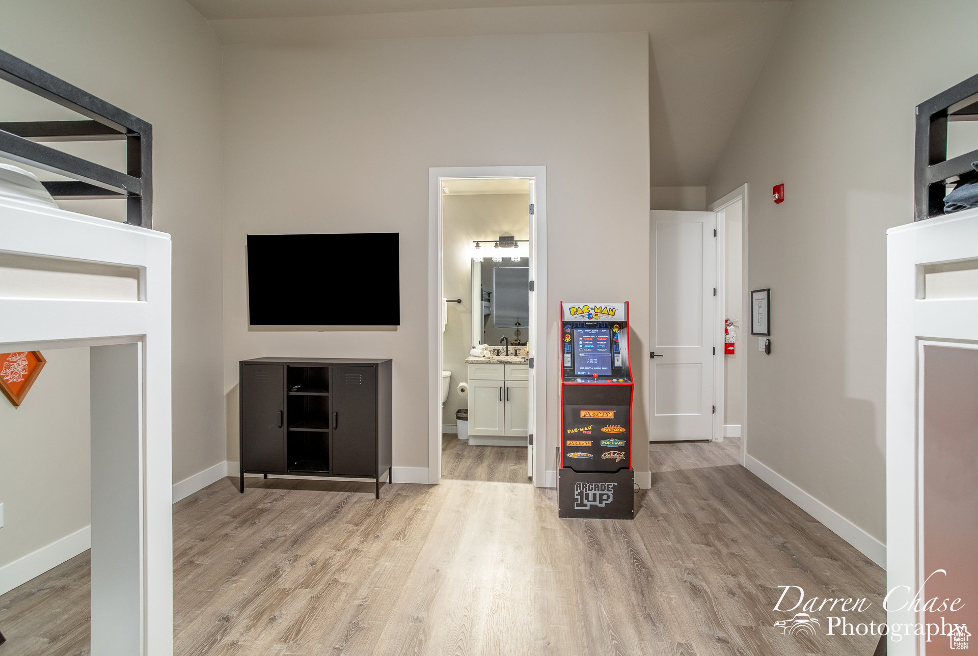 Interior space with light hardwood / wood-style flooring and sink