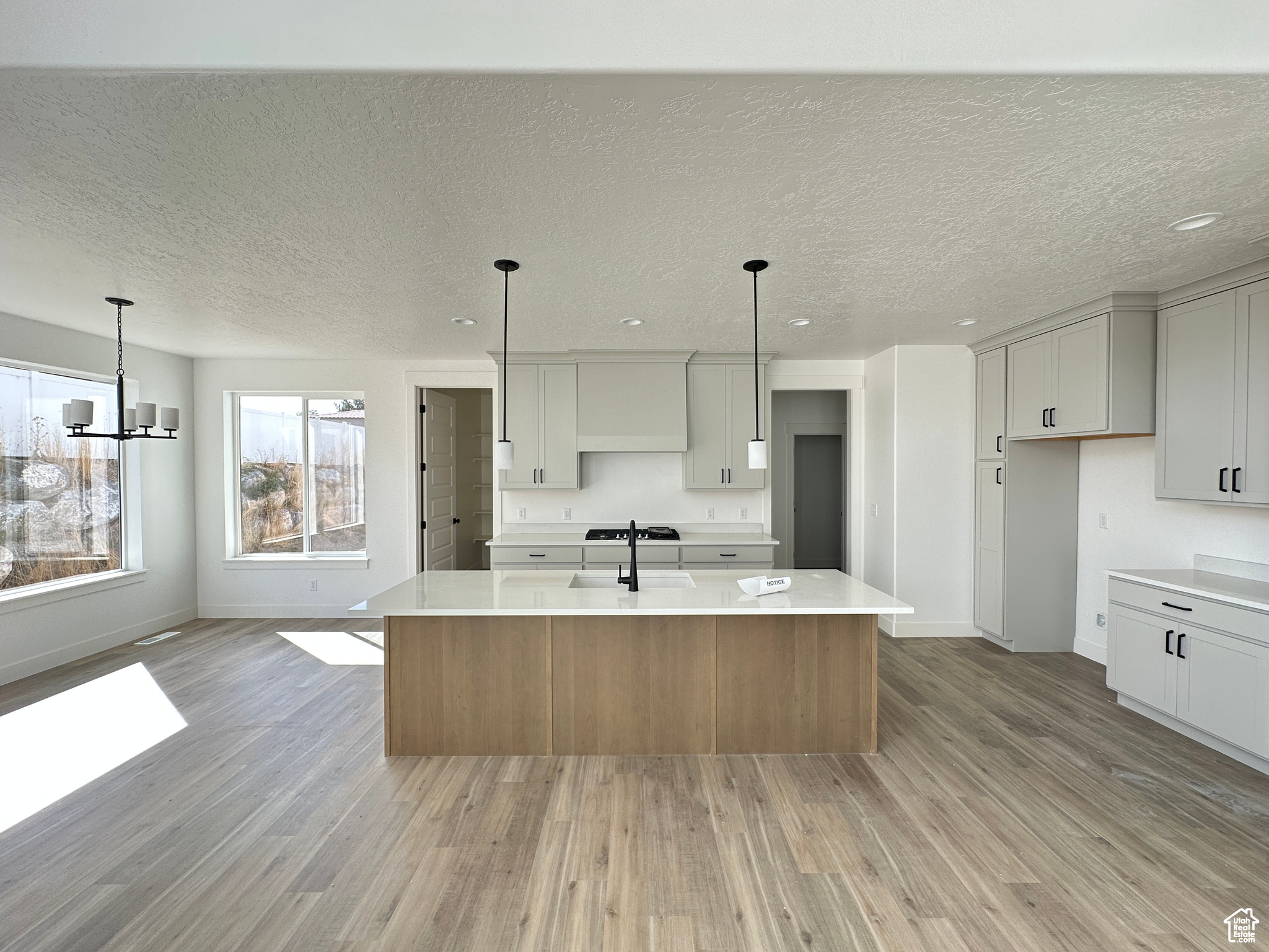 Kitchen with decorative light fixtures, an island with sink, light hardwood / wood-style flooring, and gray cabinets