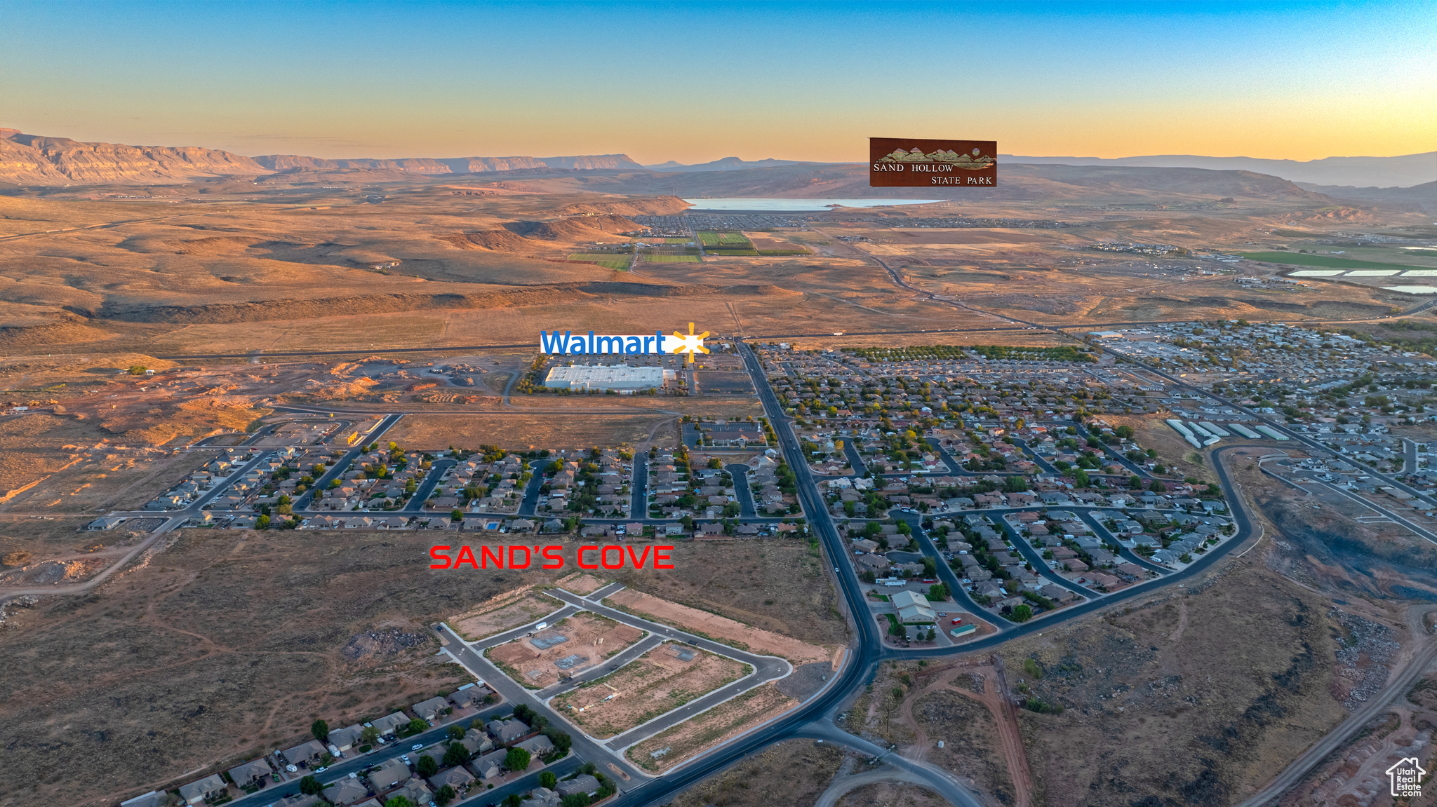 Aerial view at dusk with a mountain view