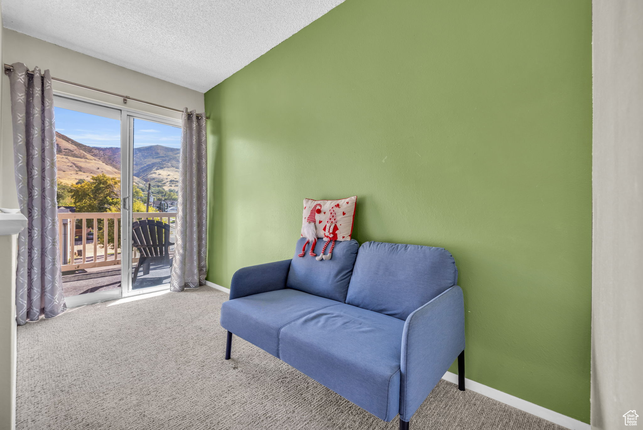 Sitting room with a mountain view, a textured ceiling, and carpet flooring