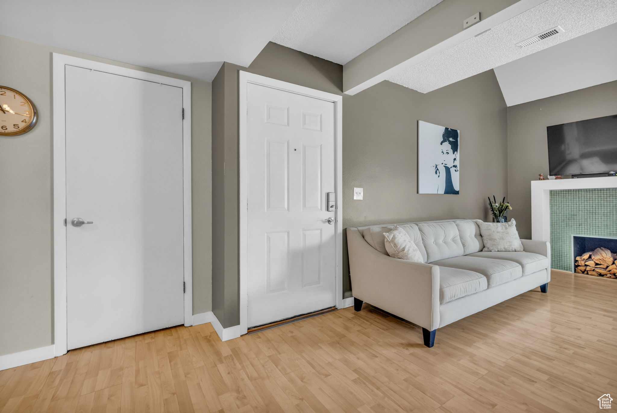 Living room with wood-type flooring and a fireplace