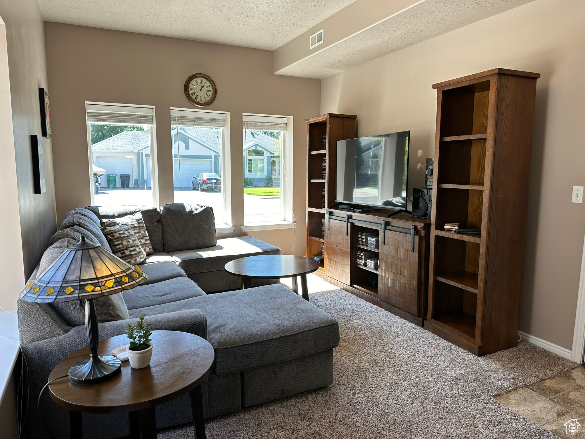 Carpeted living room with a textured ceiling and a wealth of natural light