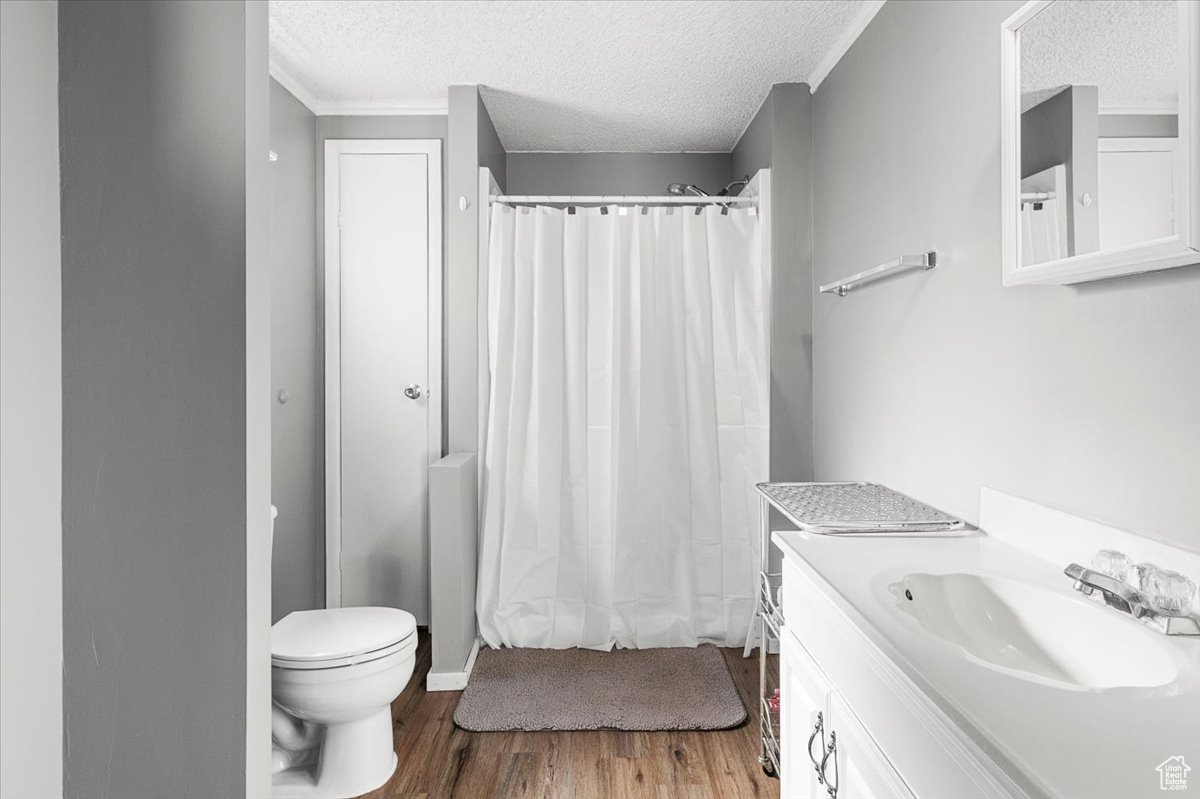 Bathroom with a textured ceiling, a shower with curtain, hardwood / wood-style floors, vanity, and toilet