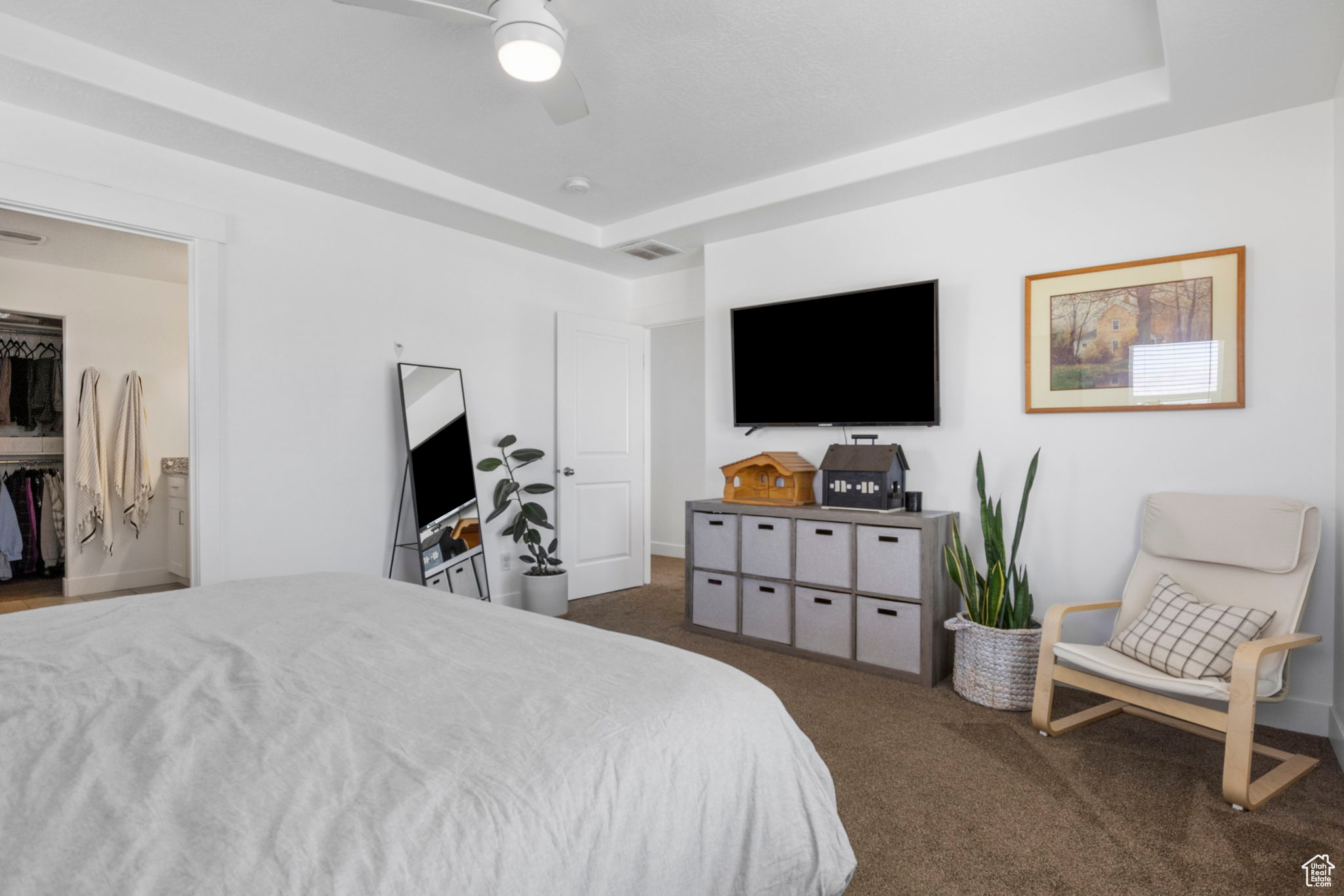 Carpeted bedroom with a tray ceiling, ceiling fan, a walk in closet, and a closet